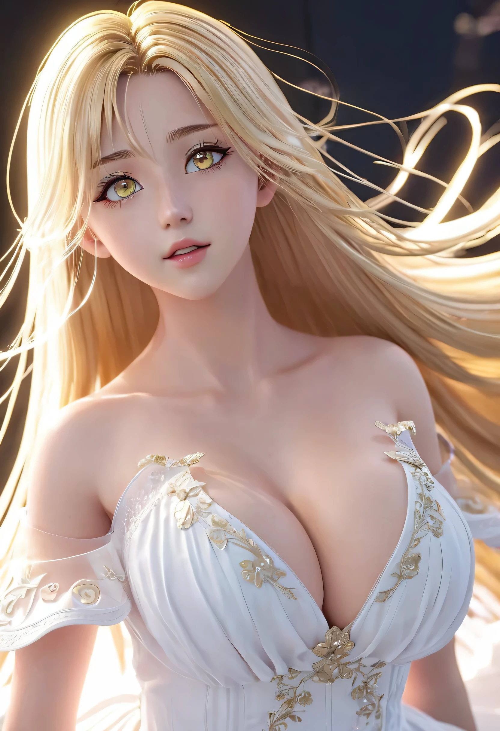 18-year-old female，Light golden long hair，Aurora colored eyes，Long eyelashes，Unbelievably huge breasts，((3D anime style))，White dress with a lot of exposure，