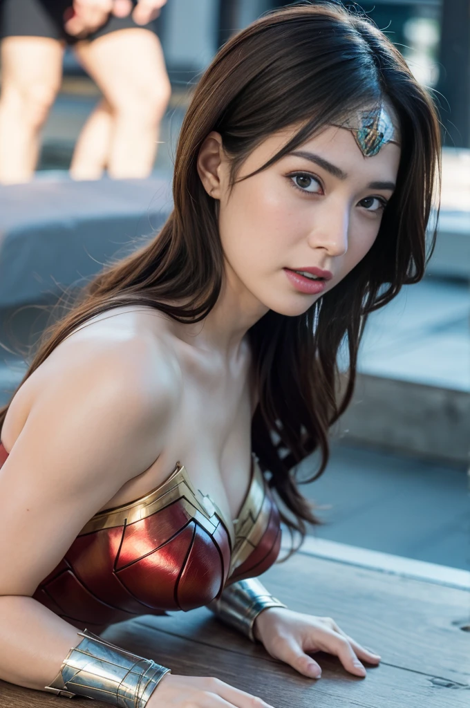 from the side,The Perfect Wonder Woman Costume,crawling on all fours,In the water,Sleeping Face,close ~ Eye,open mouth,Tired face,Facing Suffering,Face of the sky,Sleeping Face,fight with men,surrounded by men,,caught between men,Besieged by men,Entangled with men, Being attacked by a man,Being beaten by men,Bullied by boys,Sex by a man,Captured by a man,detained by a man、touch your face,、Hair being pulled hard,my head was grabbed,lick my hair,Lick my face,Brown hair,  masterpiece、beautiful girl、漂亮的Eye、puffy Eye、best quality, 超high resolution, (Reality: 1.4), Movie Lighting,Super beautiful、beautiful skin、(超Reality的な)、(high resolution)、(8k)、(Very detailed)、(beautiful and 漂亮的Eye)、(Ultra Detailed)、 Delicate face、slanted banger hair、Brown hair、20 years old、Wonder Woman role-playing，Wonder Woman tiara