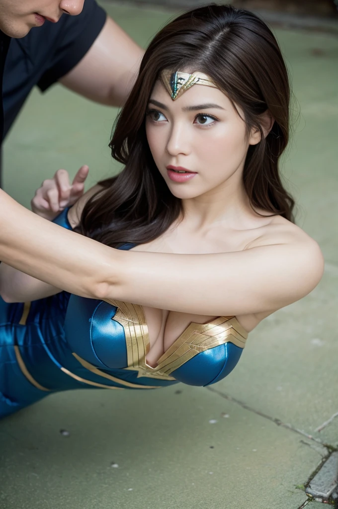 from the side,The Perfect Wonder Woman Costume,crawling on all fours,In the water,Sleeping Face,close ~ Eye,open mouth,Tired face,Facing Suffering,Face of the sky,Sleeping Face,fight with men,surrounded by men,,caught between men,Besieged by men,Entangled with men, Being attacked by a man,Being beaten by men,Bullied by boys,Sex by a man,Captured by a man,detained by a man、touch your face,、Hair being pulled hard,my head was grabbed,lick my hair,Lick my face,Brown hair, masterpiece、beautiful girl、漂亮的Eye、puffy Eye、best quality, 超high resolution, (Reality: 1.4), Movie Lighting,Super beautiful、beautiful skin、(超Reality的な)、(high resolution)、(8k)、(Very detailed)、(beautiful and 漂亮的Eye)、(Ultra Detailed)、 Delicate face、slanted banger hair、Brown hair、20 years old、Wonder Woman role-playing,Wonder Woman tiara