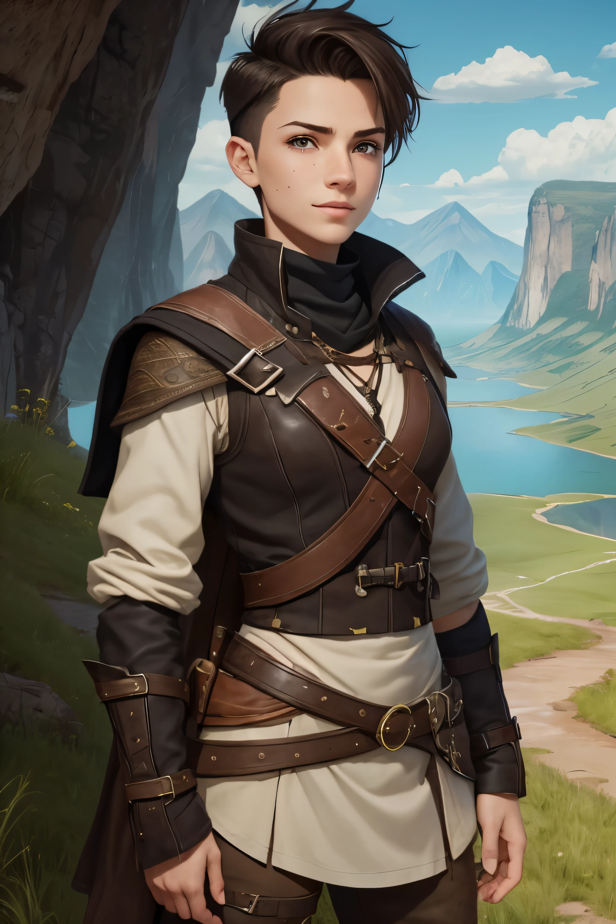 A happy young woman with an undercut in a fantasy setting. An adventurer and ranger. Very androgynous looking. In a good mood. Sympathic. Tomboyish. Androgynous. Slim body. Very . Very small breasts. Wide hips. Thick legs. Face: Extremly pale skin with liverspots and freckles. Soft narrow face with a round chin. Soft small jaw. Big forehead. Very thin barely visible eyebrows. Upturned big dark-brown eyes. Dark-brown eyecolour. Very long and wide nose. Big curved lips. Very short dark-brown hair. A boyish short haircut. Undercut. Sides shaved. A tight fantasy outfit of a lonley ranger and adventuerer. Background: Wide colourful plains. Green grass. A big lake. Shiny blue sky. Wonderful weather. Sense of wideness and freedom.