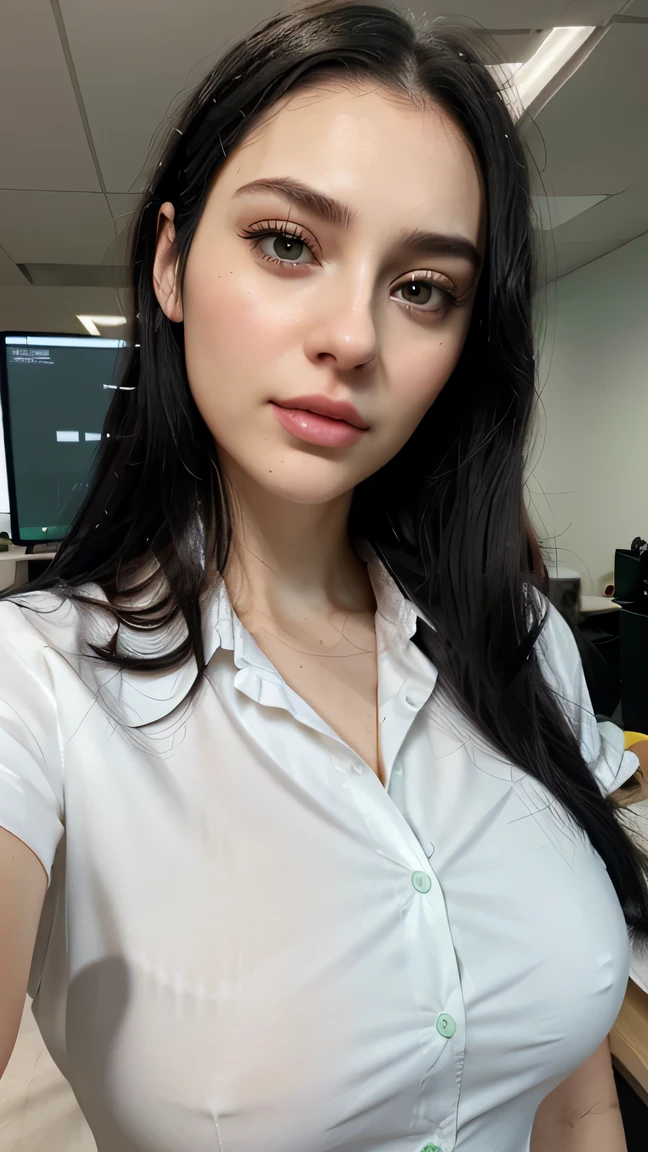 Woman with long natural black hair, (perfect skin, Hultra detailed skin, best quality), perfect face, (white Men's formal shirt), (Perfect soft green eyeballs of the same size), Natural makeup, ((traits similar to those of lana rhoades)), perfect selfie, perfect skin, closeup, In the office