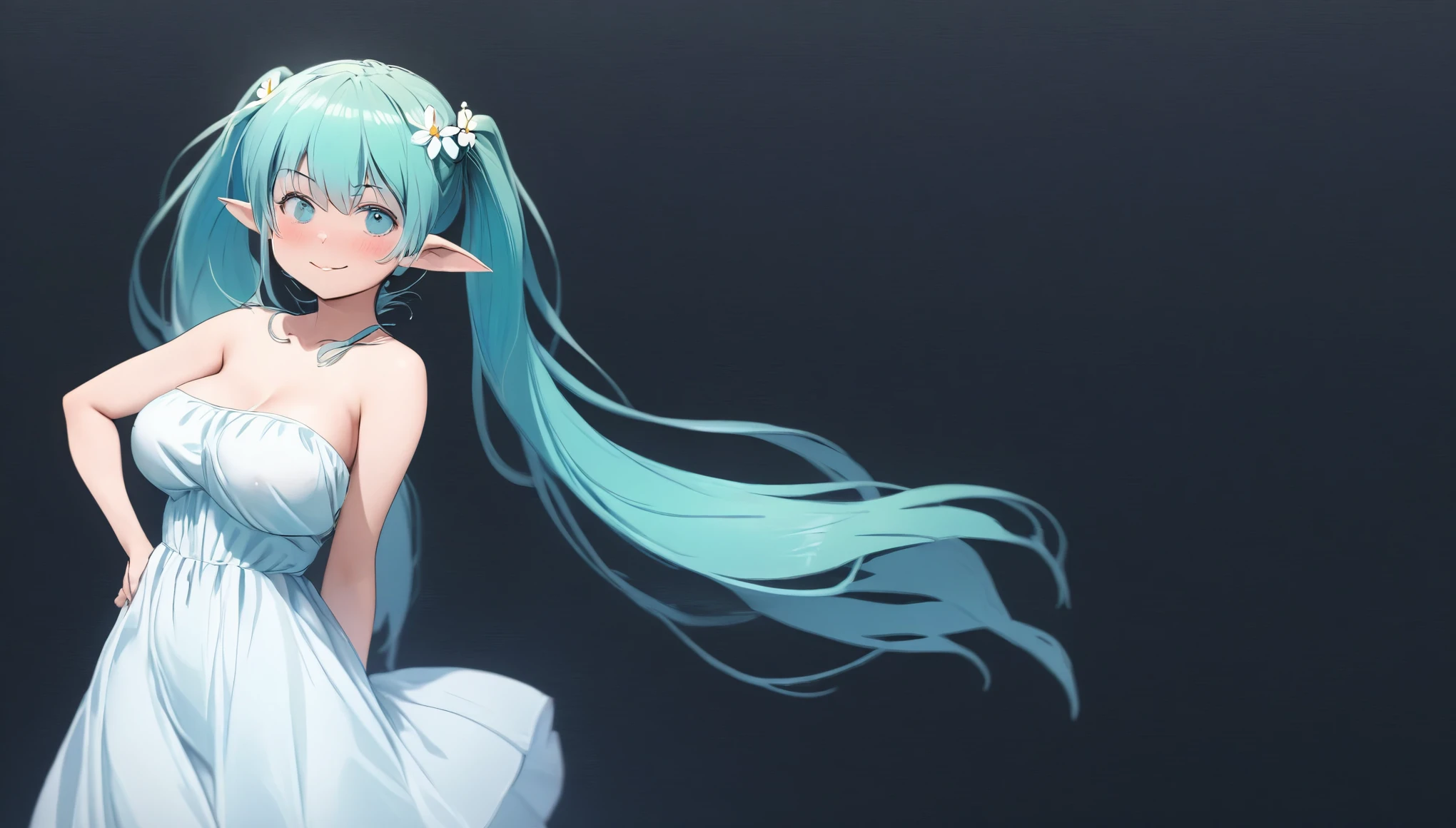 (masterpiece, highest resolution,highest quality ), 1 elven girl, ( bare breasts, thigh),  (aqua hair, twin tails ,very long hair , floating hair ), full body, hand on hip ,hair between eyes, multi colored hair, hair flower ornament ,(blush, smile, close  eyes), close mouth, summer dress,  white dress , strapless dress, (Open the front of the  dress chest very wide), large breasts, pointed ears, ((simple background,  black background))