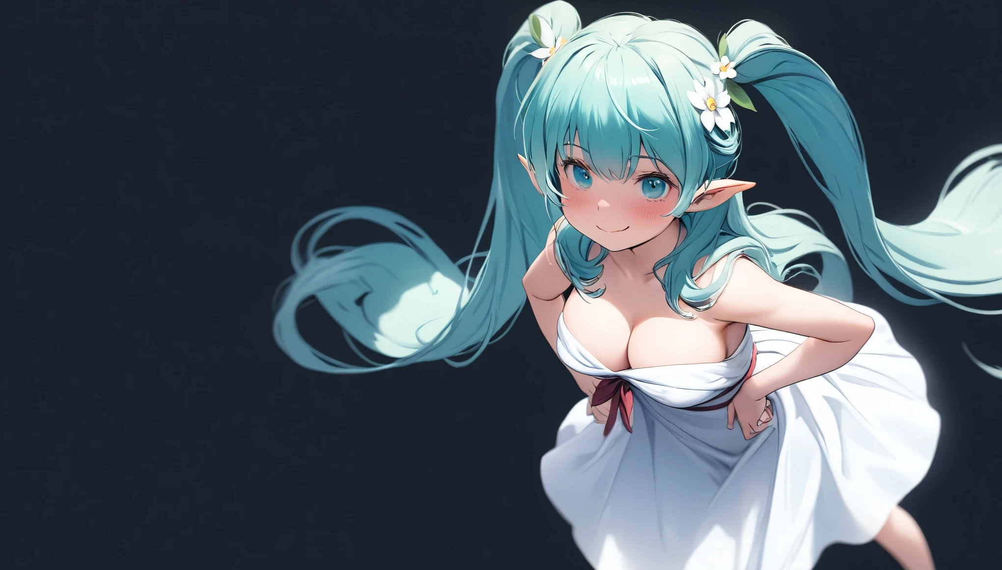 (masterpiece, highest resolution,highest quality ), 1 elven girl, ( bare breasts, thigh), (aqua hair, twin tails ,very long hair , floating hair ), full body, hand on hip ,hair between eyes, multi colored hair, hair flower ornament ,(blush, smile, close eyes), close mouth, summer dress, white dress , strapless dress, (Open the front of the dress chest very wide), large breasts, pointed ears, ((simple background, black background))