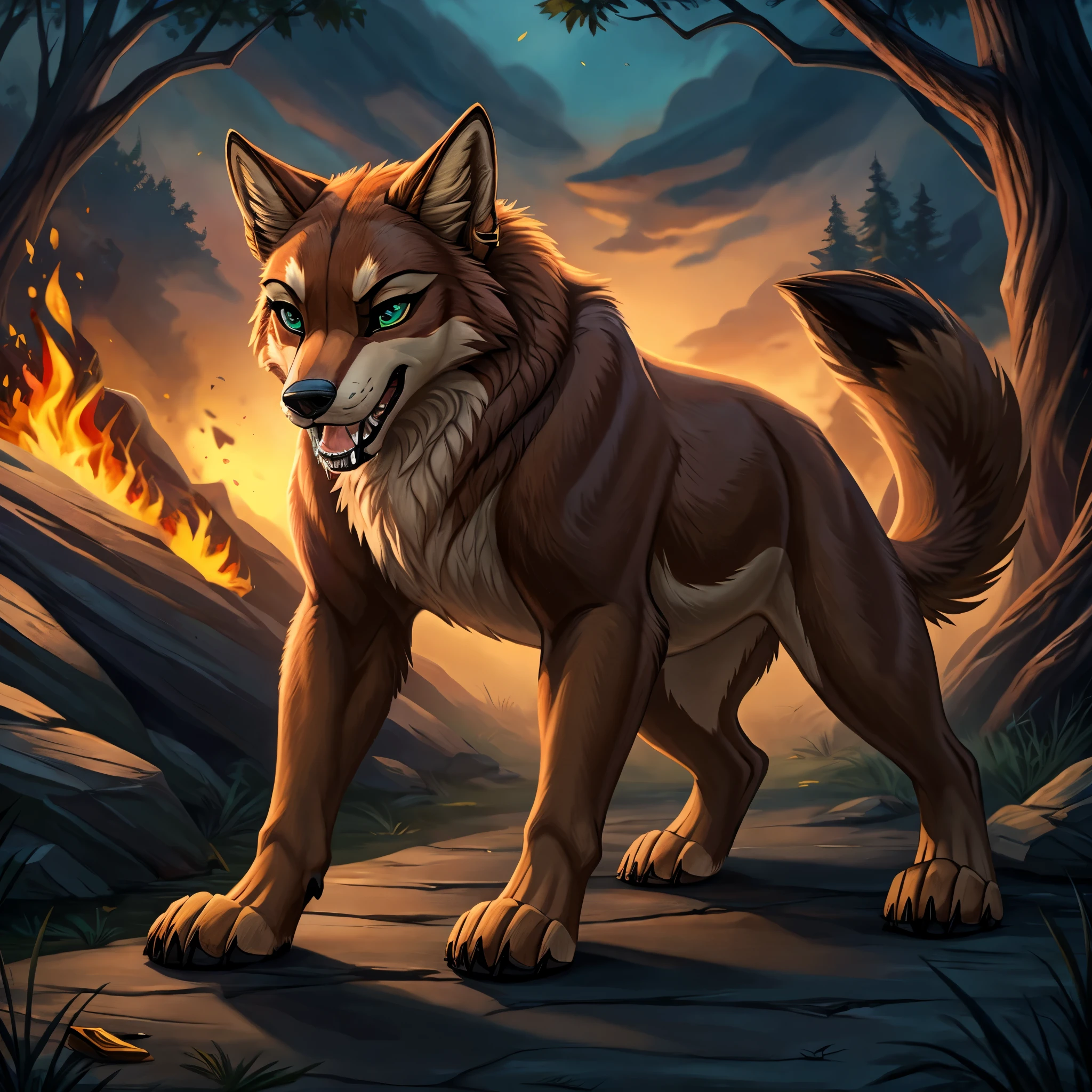 Imagine a singular character design for a 22-year-old female feral red wolf (Canis rufus) that perfectly captures a primal and authentic wild essence. Standing on all fours at 4'11", she showcases a thick, luxurious fur coat distinctly colored in the characteristic reddish, tawny brown of her species, with darker black markings tracing along her back. The fur lightens on her underparts, featuring shades of cream and beige around her chin, throat, and chest. Her tail, bushy and expressive, has the typical black tip of a red wolf.

Her snout is marked with a darker brown nose, and the fur transitions to beige on her lower jaw, with a lighter streak extending over her forehead and nasal bridge. Her captivating eyes are framed by deep, near-black eye cavities, featuring striking light green irises and black pupils, naturally enhancing her intense, wild gaze. A bold gold tongue stud piercing adds a touch of fierce independence to her appearance.

Her paws are solidly brown, contrasting with the vibrant tones of her body fur. Her long, fluffy striped tail is an emotional indicator, wagging with joy or drooping in sadness, responsive to her moods. Her ears, tuned to the slightest sounds, feature dark-brown inner fur and a beige outer rim. Her sensitive nose is adept at picking up the myriad scents of her environment, critical for her survival.

In her purely feral state, she wears no clothes, embodying the raw, untamed spirit of the wild red wolf. Despite her formidable exterior, she is highly adaptable, with survival skills honed from a raccoon-influenced past, including exceptional agility and resourcefulness in scavenging.

Leading a nomadic, homeless existence, solo,  she navigates life with resilience and a touch of vulnerability. By night, she utilizes her superior vision and hearing, thriving under the cover of darkness. zoophillia, beastiality, nsfw, sexy. Expression: aggressive. Pose: drooling open maw extended tongue out. background: outside chaotic forest fire 