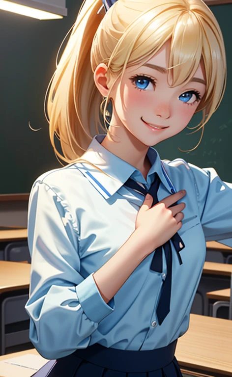 (realistic:1.4、masterpiece、top-quality、8k size wallpaper、offcial art)、(character focus、,upper body:1.6)、(1girl),(smile:1.3),(half closed eyes),cute face,blue eyes、(outstretched arms:1.3)、
,(stand),(Shining smile),
,(slender),(school uniform),(ponytail、long fluorescence blonde hair1.3), (small breasts)、
、fluorescence、classroom,JK、