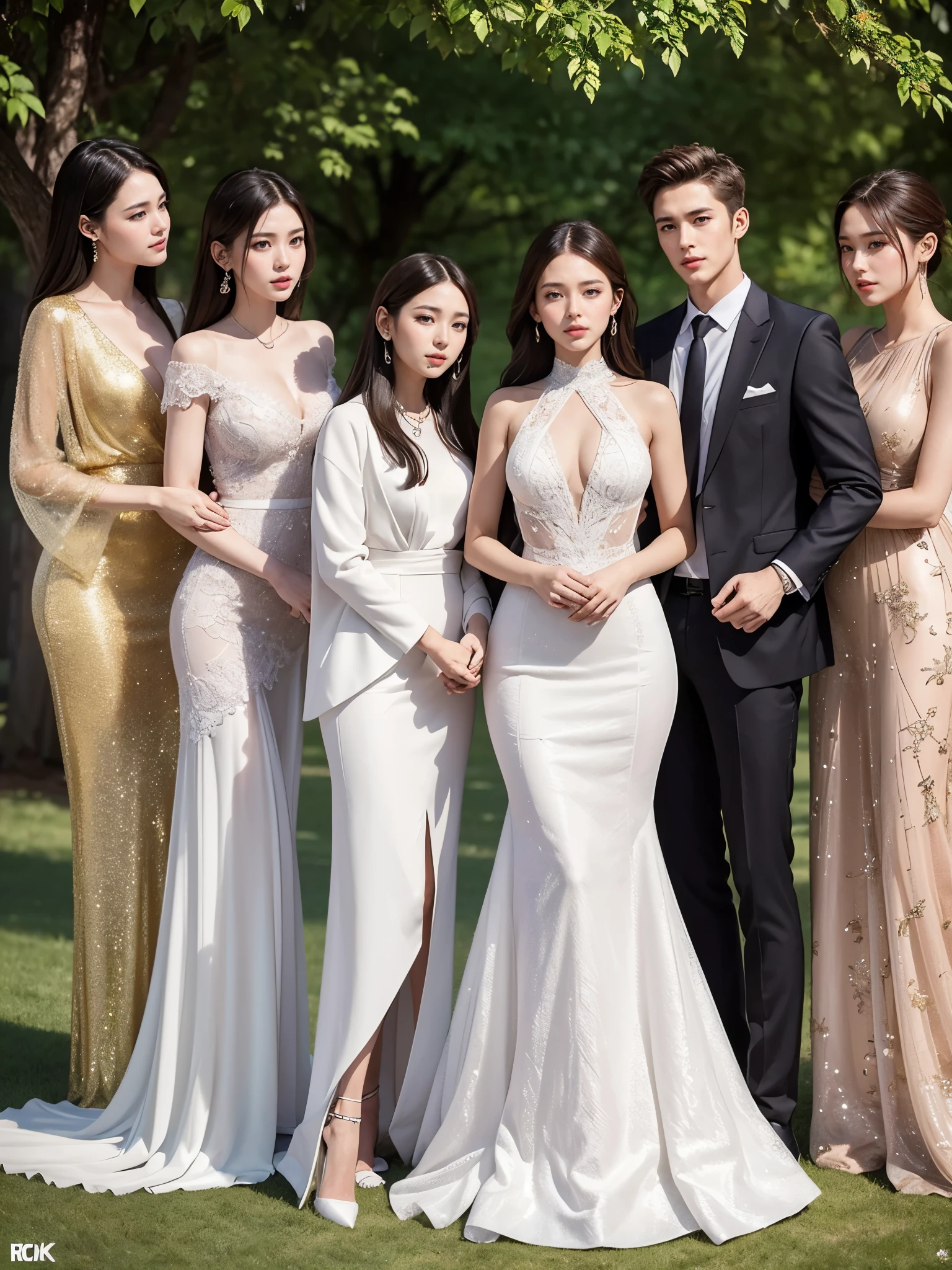 Realistic, full body shot, 4k, high detailed, high quality, Potrait of one man(24 years old) in a suit(in the middle) and 4 girls with luxury dress, standing, perfectly proportioned, intimate, Lovers, close to each other, perfect anatomy, perfect background, perfect face, perfect body, detailed face, look at camera, Outdoor background