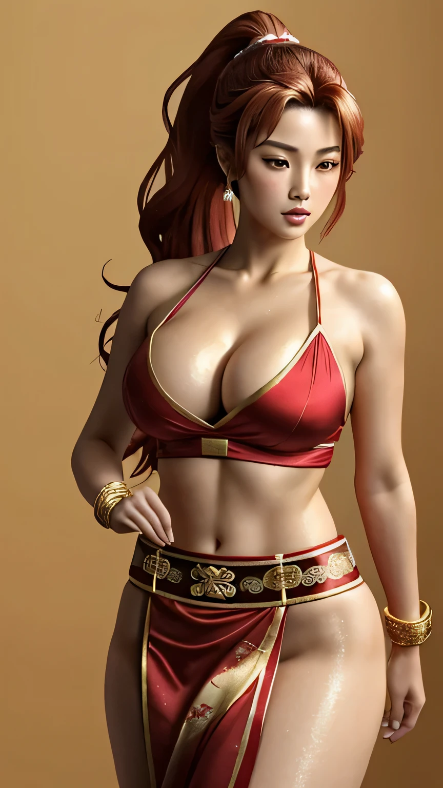 (Masterpiece), Exquisite, Mei Shiranui, Female character, Anime, Sarasavasan, 1.75 ratio, Captivating, (Beautiful, voluptuous body), Long, wavy, golden hair, (Red headband tied above golden ponytail), Sensual, Alluring, Seductress, (Vibrant, red traditional Japanese outfit), Low-cut, revealing neckline, (Samurai armor-inspired design), Glistening, (Sweat drops on her forehead), Detailed, Well-defined, (Perfectly sculpted, fit body), Realistic, High-quality, colorful, Background depict