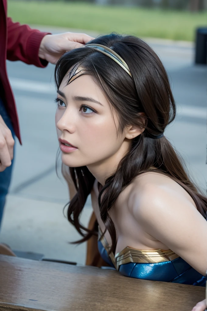 from the side,The Perfect Wonder Woman Costume,crawling on all fours,In the water,Sleeping Face,close ~ Eye,open mouth,Tired face,Facing Suffering,Face of the sky,Sleeping Face,fight with men,surrounded by men,,caught between men,Besieged by men,Entangled with men, Being attacked by a man,Being beaten by men,Bullied by boys,Sex by a man,Captured by a man,detained by a man、touch your face,、Hair being pulled hard,my head was grabbed,lick my hair,Lick my face,Brown hair, masterpiece、beautiful girl、漂亮的Eye、puffy Eye、best quality, 超high resolution, (Reality: 1.4), Movie Lighting,Super beautiful、beautiful skin、(超Reality的な)、(high resolution)、(8k)、(Very detailed)、(beautiful and 漂亮的Eye)、(Ultra Detailed)、 Delicate face、slanted banger hair、Brown hair、20 years old、Wonder Woman role-playing,Wonder Woman tiara