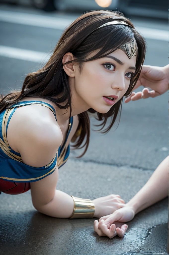 from the side,The Perfect Wonder Woman Costume,crawling on all fours,In the water,Sleeping Face,close ~ Eye,open mouth,Tired face,Facing Suffering,Face of the sky,Sleeping Face,fight with men,surrounded by men,,caught between men,Besieged by men,Entangled with men, Being attacked by a man,Being beaten by men,Bullied by boys,Sex by a man,Captured by a man,detained by a man、touch your face,、Hair being pulled hard,my head was grabbed,lick my hair,Lick my face,Brown hair, masterpiece、beautiful girl、漂亮的Eye、puffy Eye、best quality, 超high resolution, (Reality: 1.4), Movie Lighting,Super beautiful、beautiful skin、(超Reality的な)、(high resolution)、(8k)、(Very detailed)、(beautiful and 漂亮的Eye)、(Ultra Detailed)、 Delicate face、slanted banger hair、Brown hair、20 years old、Wonder Woman role-playing,Wonder Woman tiara