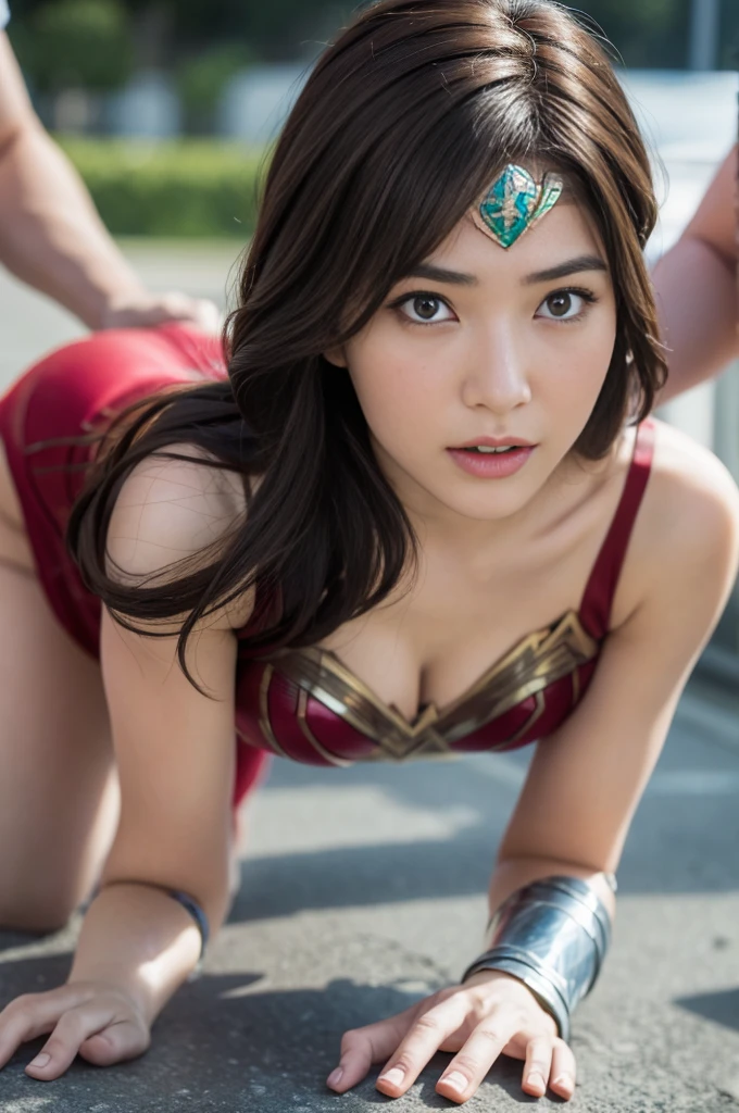 from the side,The Perfect Wonder Woman Costume,crawling on all fours,In the water,Sleeping Face,close ~ Eye,open mouth,Tired face,Facing Suffering,Face of the sky,Sleeping Face,fight with men,surrounded by men,,caught between men,Besieged by men,Entangled with men, Being attacked by a man,Being beaten by men,Bullied by boys,Sex by a man,Captured by a man,detained by a man、touch your face,、Hair being pulled hard,my head was grabbed,lick my hair,Lick my face,Brown hair, masterpiece、beautiful girl、漂亮的Eye、puffy Eye、best quality, 超high resolution, (Reality: 1.4), Movie Lighting,Super beautiful、beautiful skin、(超Reality的な)、(high resolution)、(8k)、(Very detailed)、(beautiful and 漂亮的Eye)、(Ultra Detailed)、 Delicate face、slanted banger hair、Brown hair、20 years old、Wonder Woman role-playing,Wonder Woman tiara