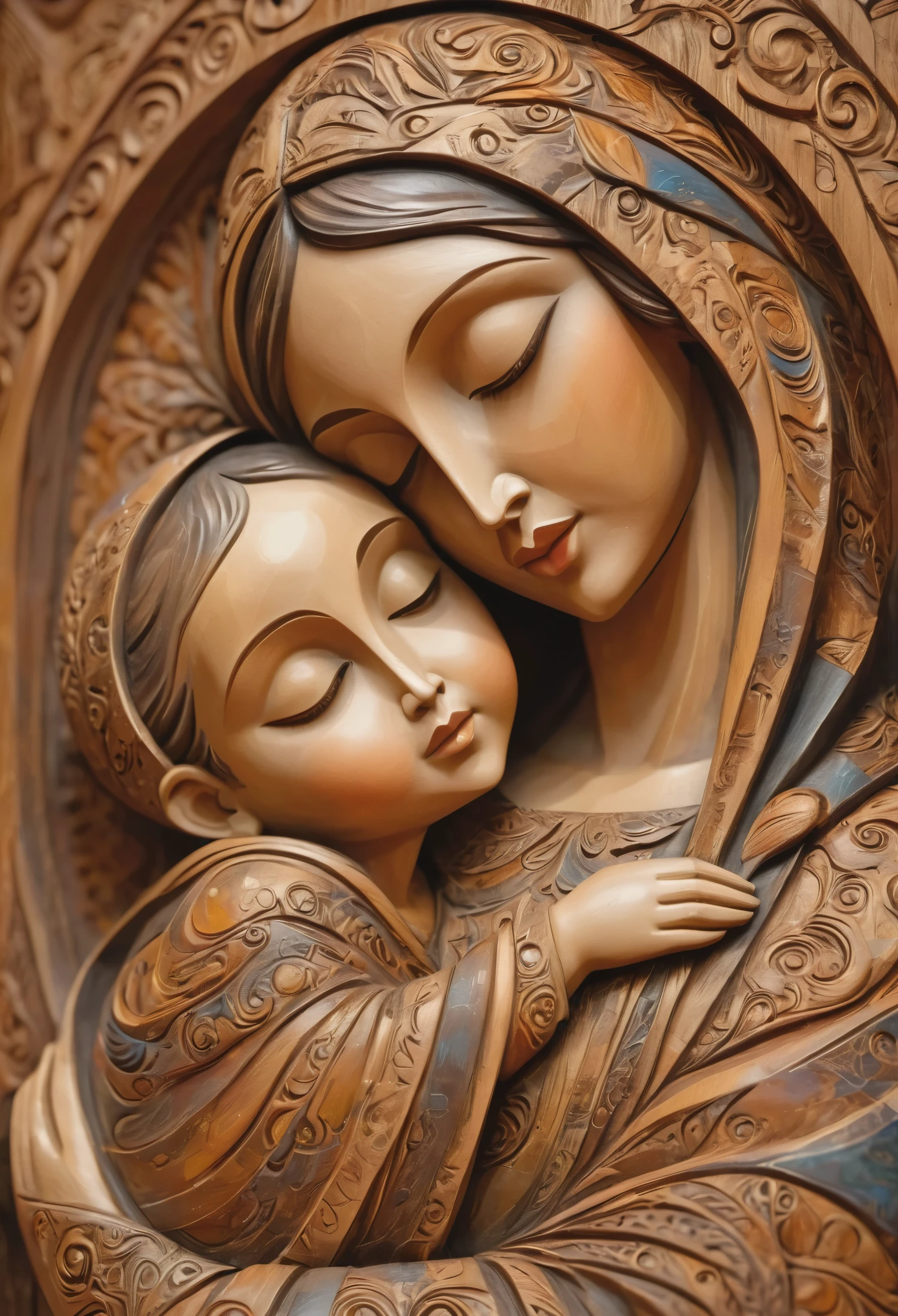 (masterpiece, best quality:1.2), 3D，Woodcarving Handicrafts，Artistic ornaments，Madonna and Child，Kind face, Painted in earthy tones，color，With subtle patterns and textures，Invoking Ancient Wisdom. Focus on the face，With depth of field and bokeh effects. This is a high resolution image，Complex details，