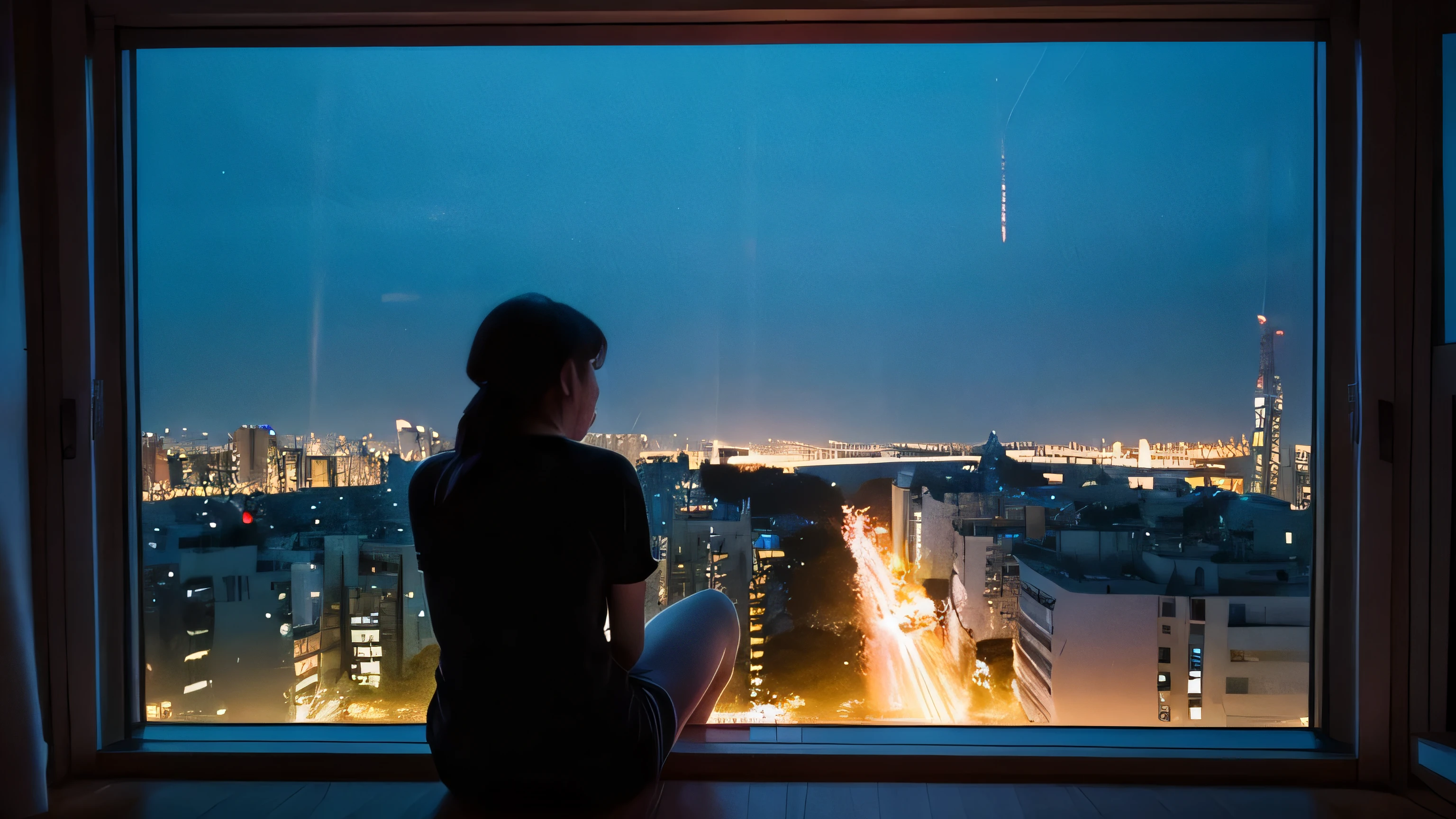 When I'm sitting alone in my room late at night、Please draw the city view from the window.。