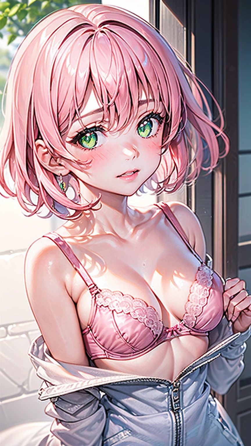 1girl, pink hair, short hair, green eyes, shiny eyes, perfect pink lips, blush collarbone, pink bra, upper body, looking at viewer
