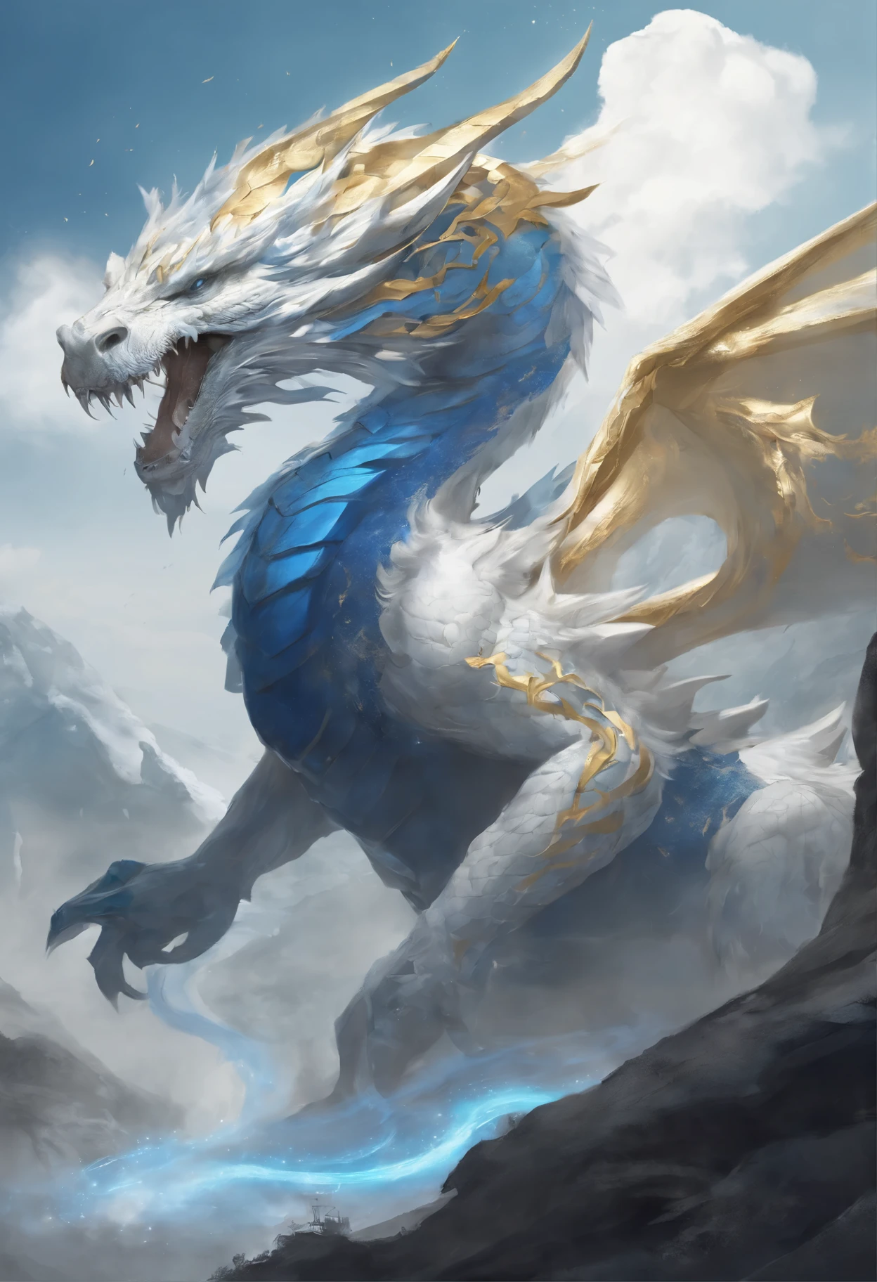 mythology，Dragon , white and blue color with gold 