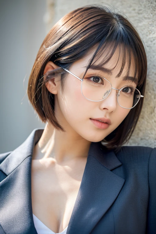 sexy、Inconspicuous、Quiet、beautiful girl、Japanese、Beautiful breasts、Short Bob、suit、round face、Thin, silver-rimmed round glasses、job hunting、Big Breasts,Ultra-realistic capture, Highly detailed, High resolution 16k close-up of human skin. Skin texture must be natural, With such detail that pores can be finely identified. Skin should look healthy, In a uniform tone. Use natural light and color,(RAW Photo, Best Quality), best Quality, Highly Detailed, Masterpiece, Ultra Detailed