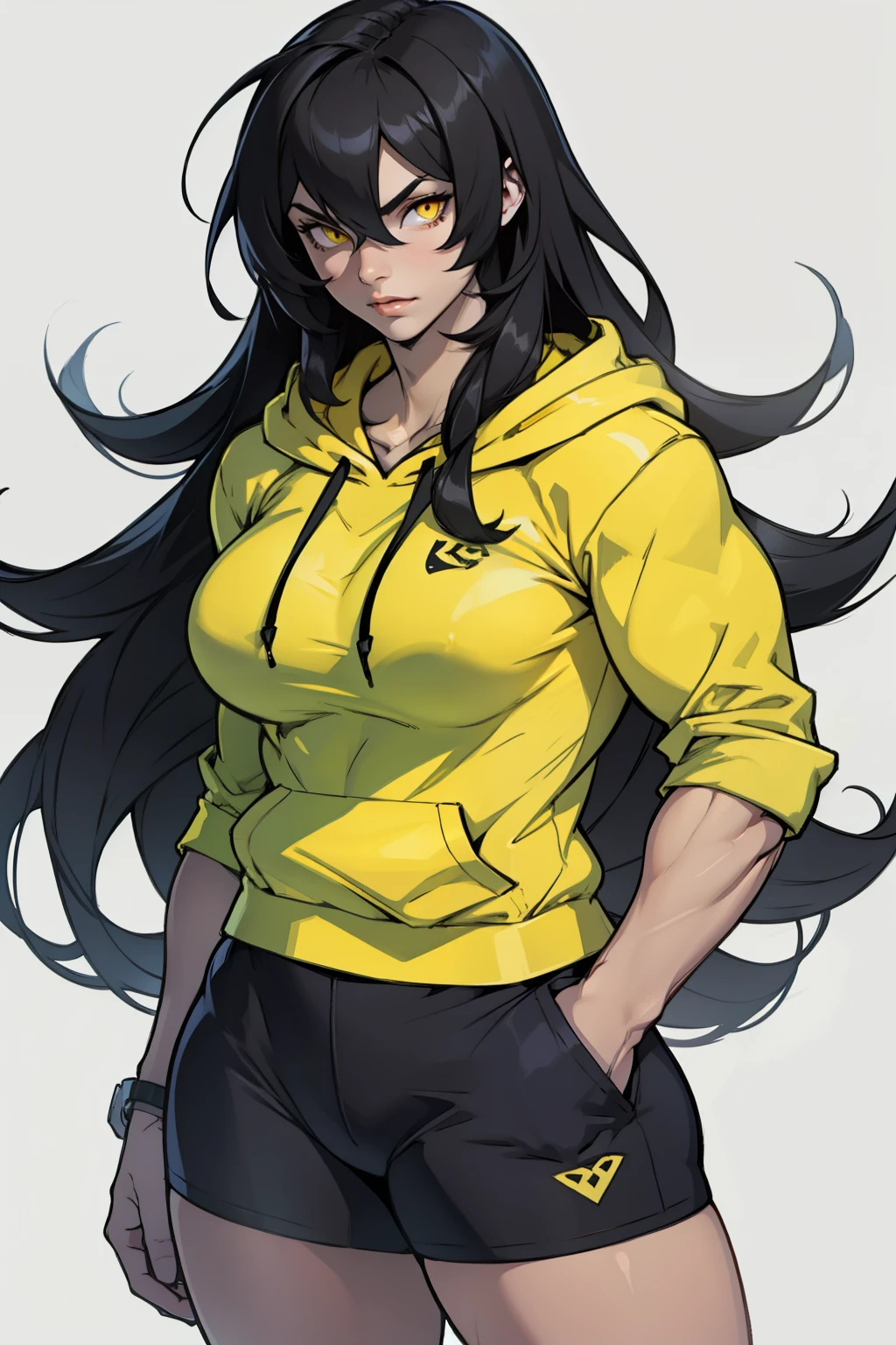 ((1girl muscular)) pale skin black hair very long hair yellow eyes large breasts hoodie