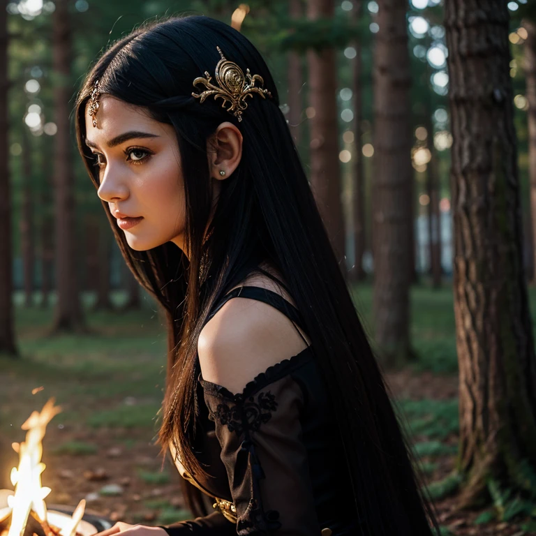 1 woman, European face, European eyes,  ultra detailed face and eyes, hyperrealistic, detailed representation, long black hair, pretty face, 30 years old, wearing a long black baroque dress, dancing around a campfire gothic Style, full body view 