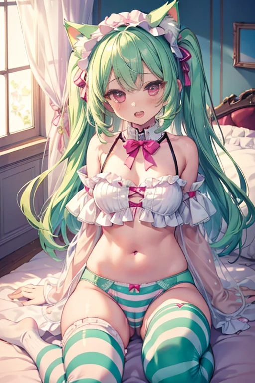 nsfw,1girl,1boy,vaginal,sex,Pink ta Clothes,Green hair,Pants stockings,Striped panties,Raising,Half-taken panties,blushed face,Cat ears,Pink eyes,Shoulder out,Navel out,Smile with open mouth,Light blue Loliop image quality,Best Quality