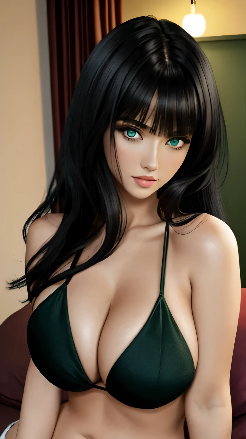 Minevra Orlands,dark green eyes,Long black hair,hime haircut,big tits,Bekini,Looking at the viewer