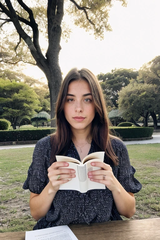 En el parque al atardecer, una mujer joven de mirada curiosa se sienta en un banco de madera. Sus ojos brillan con la luz dorada, y el viento suave hace ondear su cabello oscuro. Sostiene un libro antiguo con una portada desgastada, and the words on the pages seem to come to life. Flower petals fall around him, creating a magical atmosphere. What story are you reading?? What secrets does the park keep in its silence?? The image captures that ephemeral moment, where imagination and reality intertwine