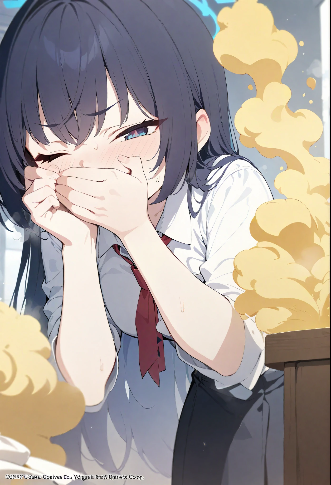 Serika, blue archive, 1girl, masterpiece, best quality, highly detailed,filled yellow smoke,
(best quality,masterpiece:1.5),absurdres,highres,8k, ultra high res, official art,illustration,extremely detailed, fart onara,yellow gas,farting , fart, yellow gas, farting, fart, {{{covering face with hand}}}, leaning forward ,winking eye, one eye closed, {{{covering mouth with hand}}}