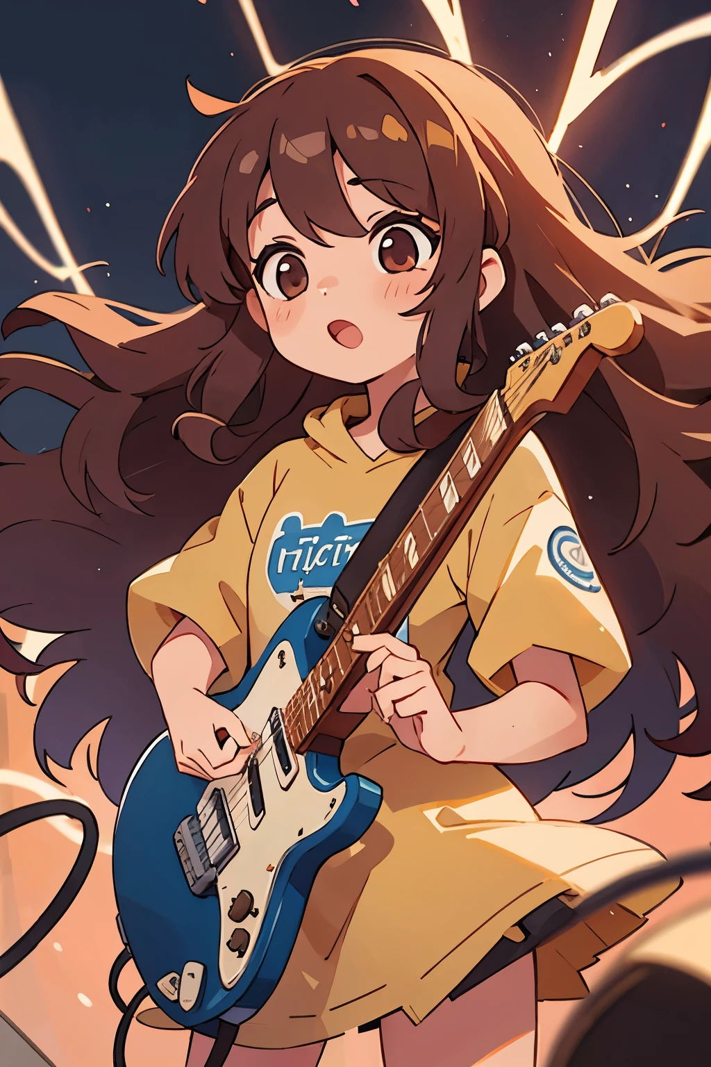 Girl with long curly brown hair playing electric guitar