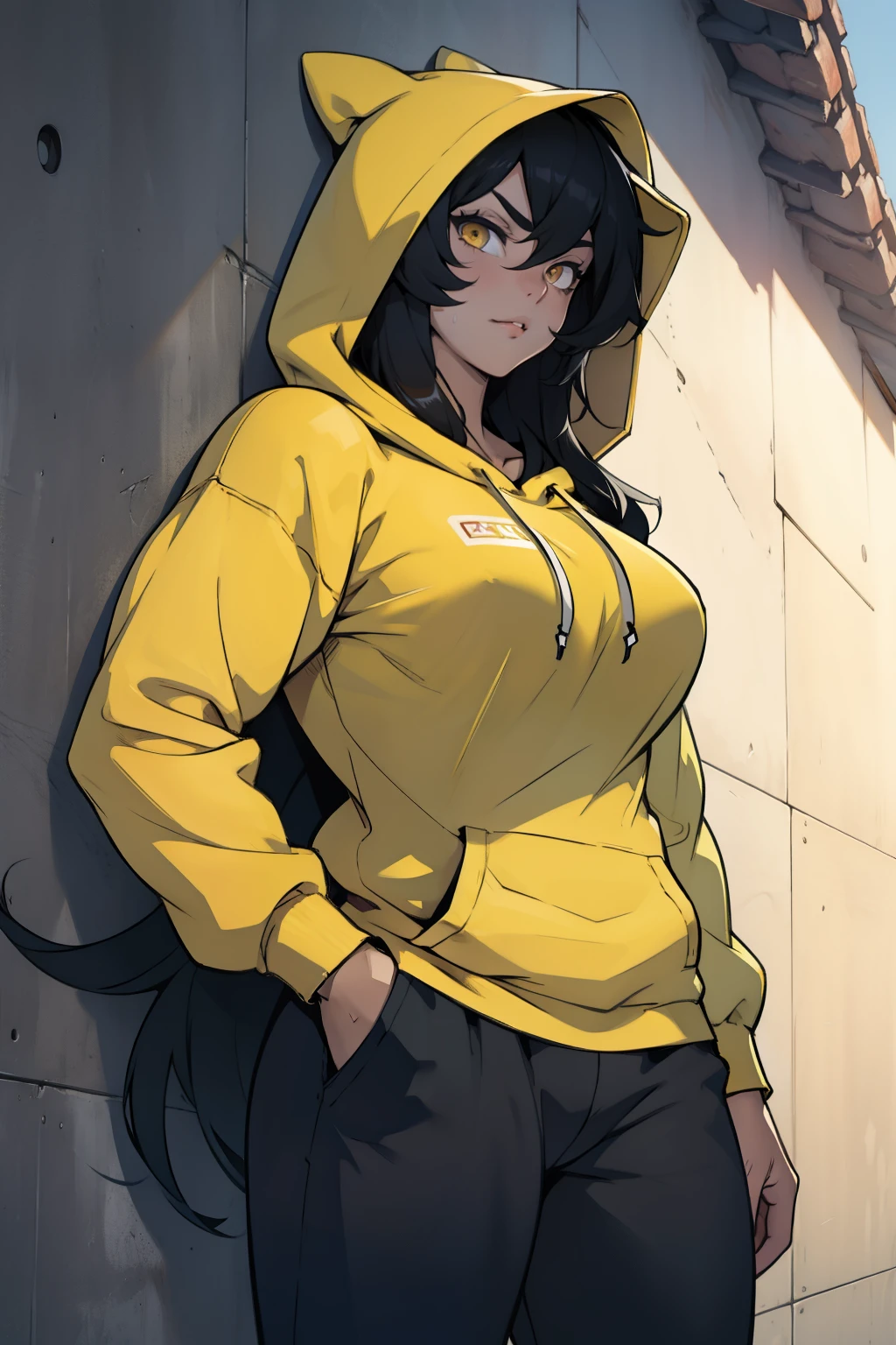 grey background, solo, 1 girl, very long hair, black hair, angry, yellow eyes, muscular, huge tits, thick thighs, wide hips, pale skin, standing, slick hair, curvy, hoodie, thong