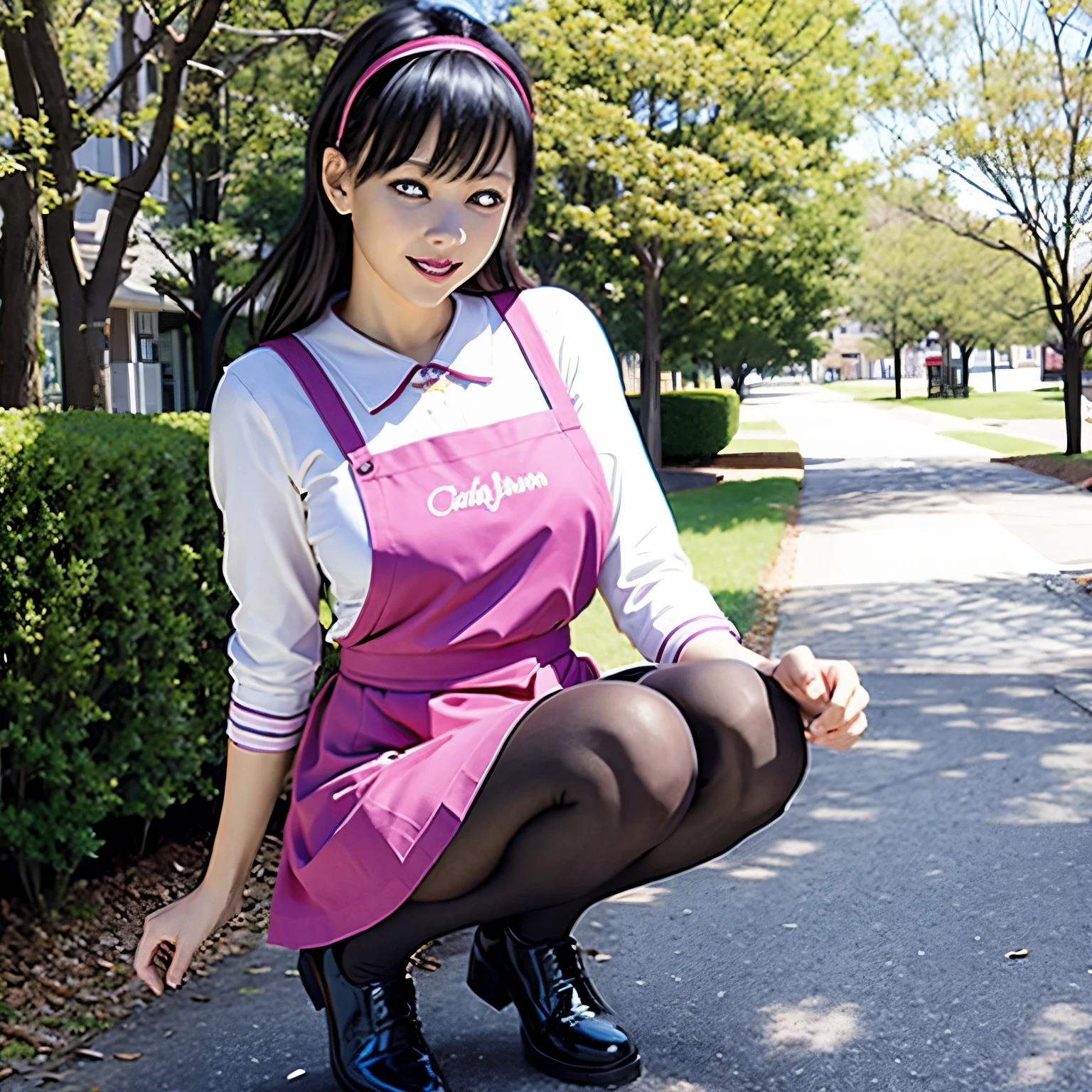 black tights、Black leather shoes、White apron、Pink ribbon、