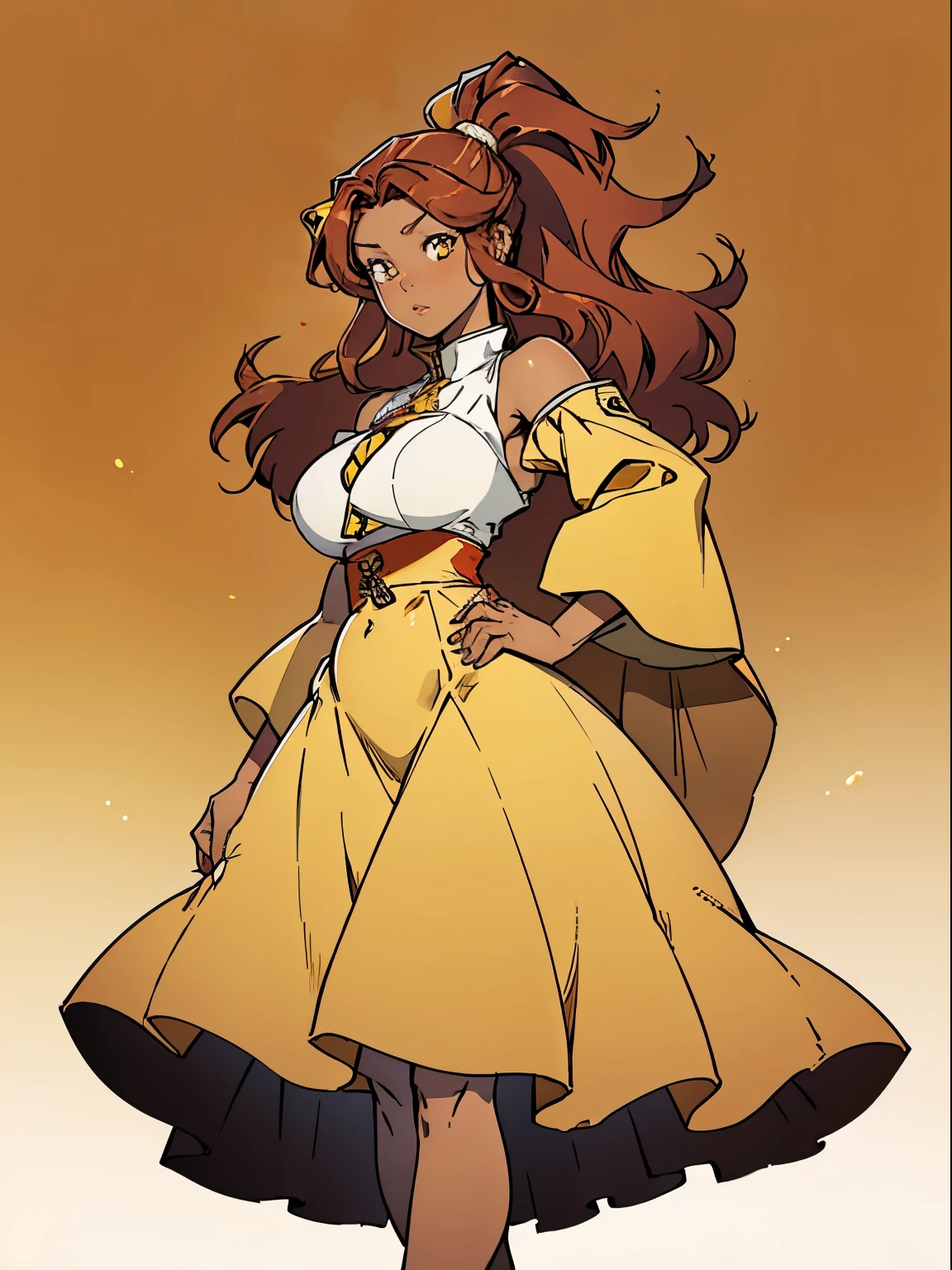 ((masterpiece,best quality)), Brown skin, yellow eyes, long red hair, big breasts, big hips, hair between eyes, hair flares out, 1girl, solo, brown-skinned female, red-haired female, front view, plump thighs, ponytail, reddish-brown skin tone, dress