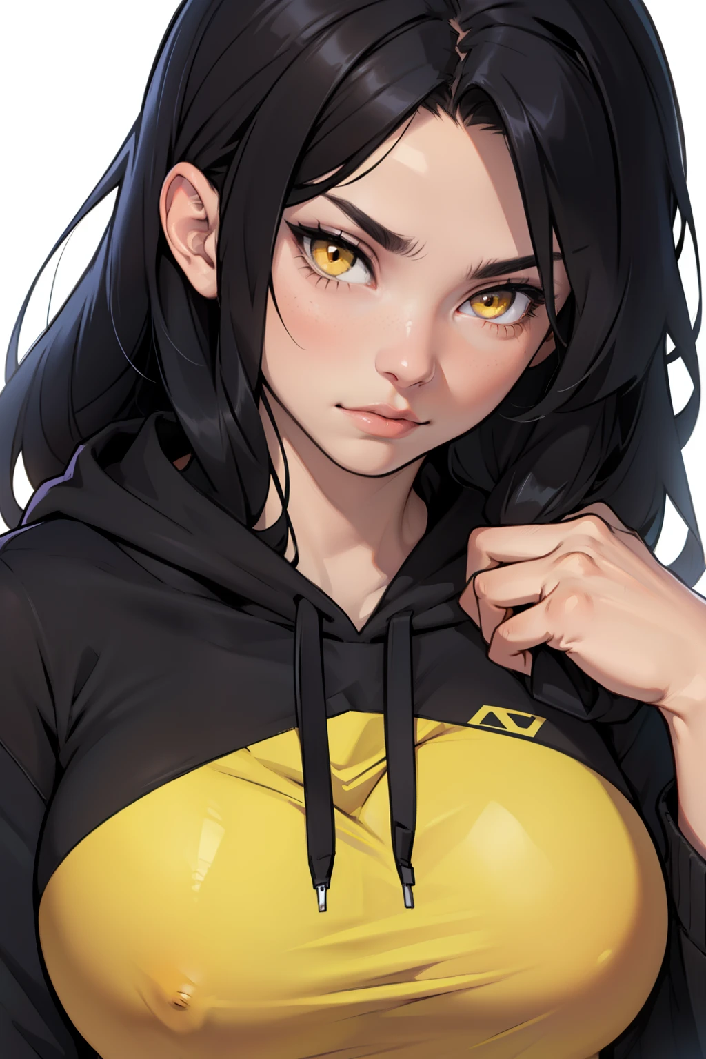 ((1girl muscular)) pale skin black hair very long hair yellow eyes large breasts hoodie close up