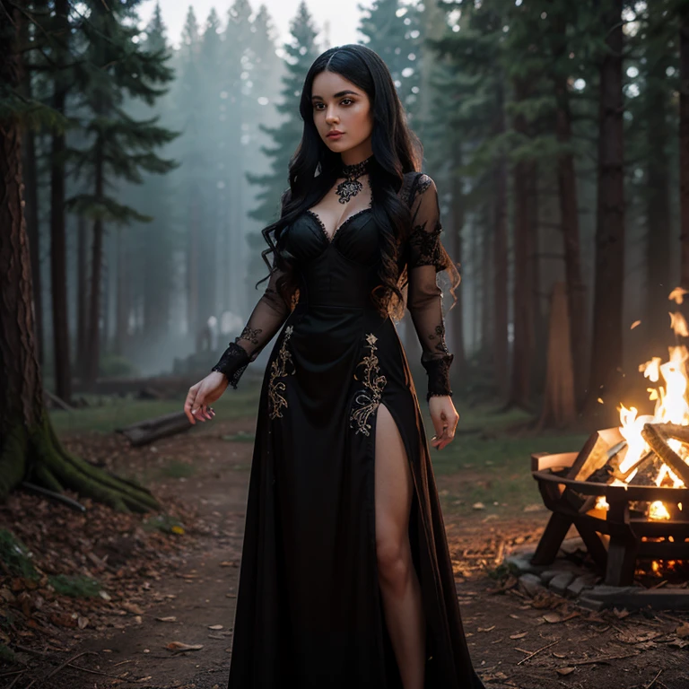 1 woman, European face, European eyes, ultra detailed face and eyes, hyperrealistic, detailed representation, long black hair, pretty face, 30 years old, wearing a long black baroque dress, dancing around a campfire gothic Style, full body view