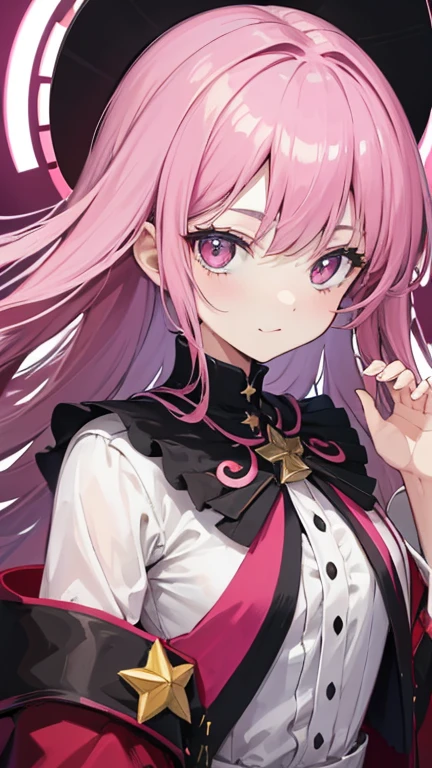  guantes, lengua sticking out, pelo largo, estrella (symbol), Ver visor, (cabello purpura: 1.2), ojos morados, parte superior del cuerpo, adorno para el pelo, volantes, pink camisa, sonrisa, sin mangas, camisa, idol, symbol shaped pupil, manos levantadas, golpes, one side up, estrella-shaped pupils, brazos levantados mirando al espectador, Signo de la paz, mano levantada, lengua out, of the highest quality, high resolution.