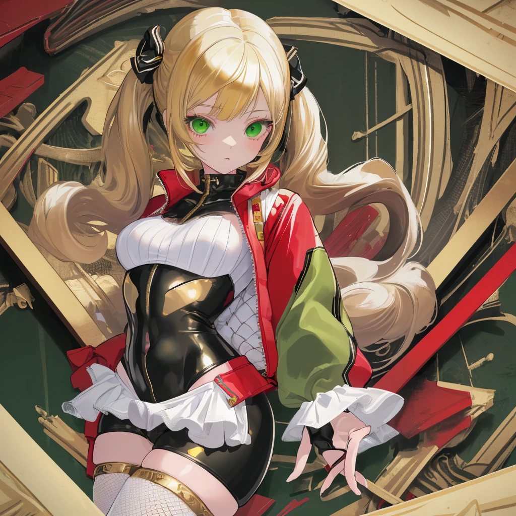 masterpiece, best quality, ultra-detailed, illustration, (1girl), beautiful detailed eyes, looking at viewer, (close up:0.9), gold hair, Twin tails, hot pants, mesh inner 、white knee socks, green eyes, red jacket, black inner、standing、rubber suits