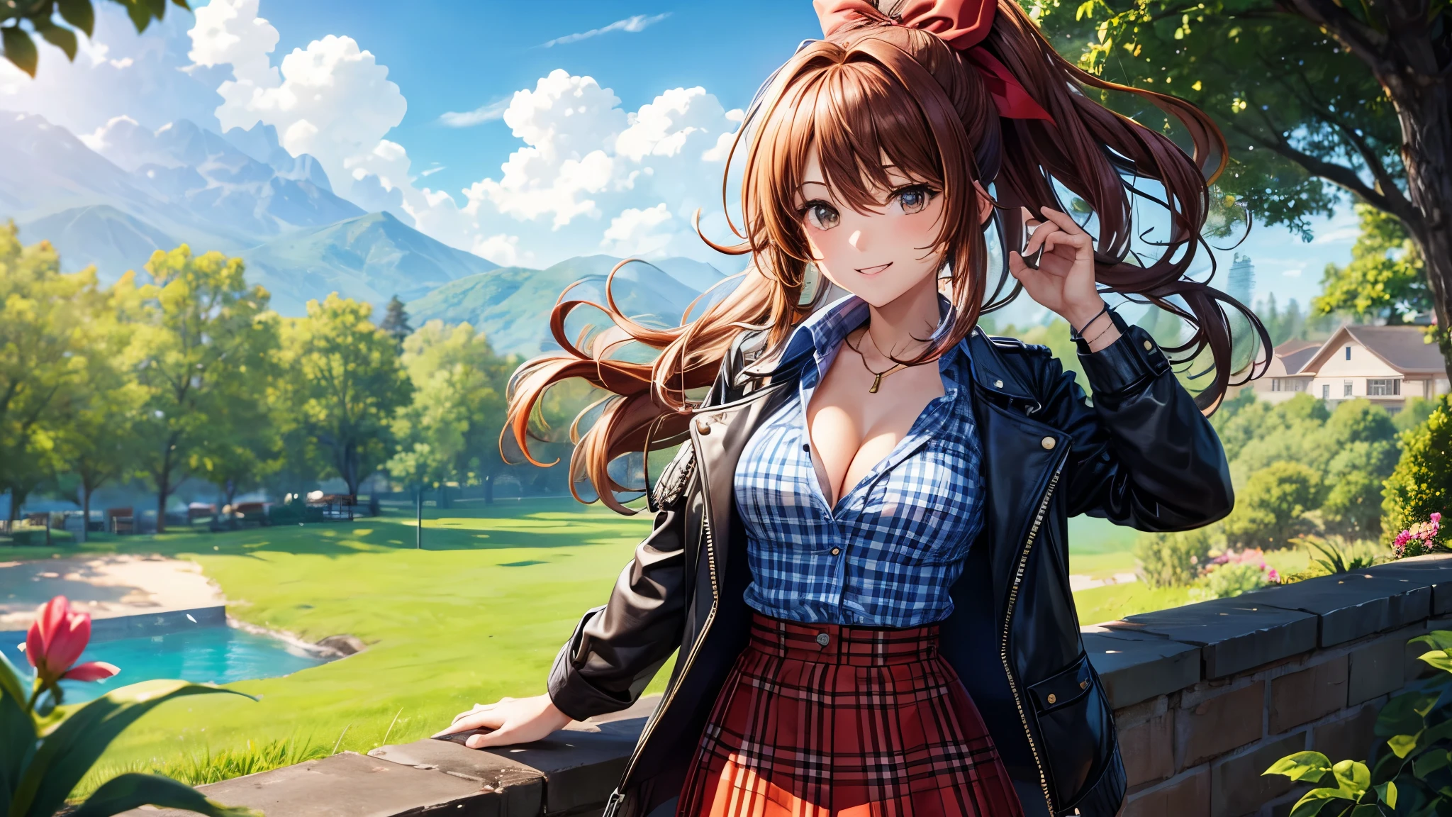 1girl, summer, village, trees, sun, clouds, ((colorful hair)), long hair, curly hair, ponytail, large breasts, button down shirt, ((blue checked shirt)), ((unbuttoned shirt)), cleavage 1:3, brown eyes, ((opened brown zipper jacket)), leather jacket, ((red black skirt)), smile, looking at the viewer, touching neck, standng, hair ribbon, golden necklate
