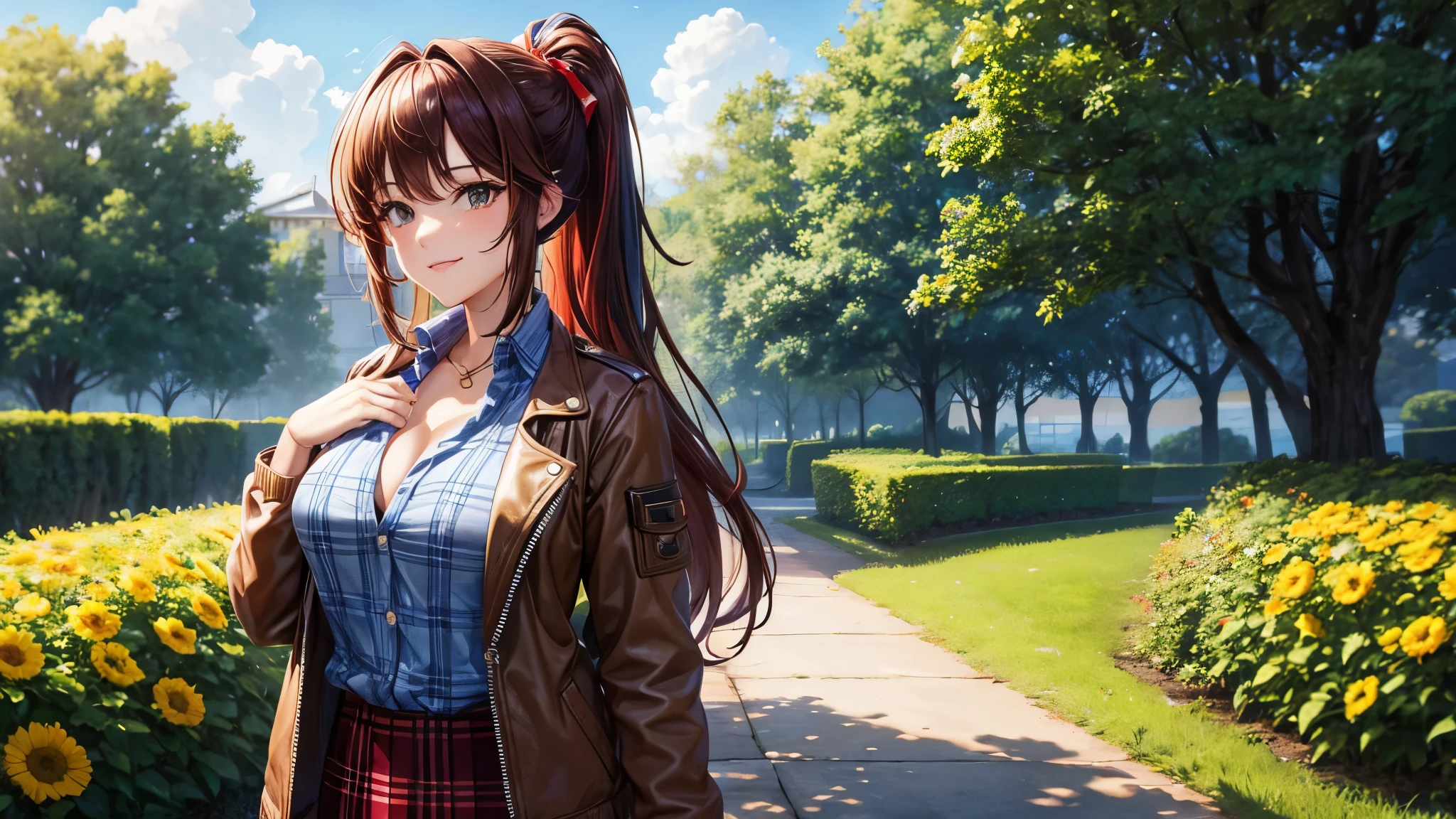1girl, full body, summer, village, trees, sun, clouds, ((colorful hair)), long hair, curly hair, ponytail, large breasts, button down shirt, ((green checked shirt)), ((unbuttoned shirt)), unbuttoning buttons, popping buttons, cleavage 1:3, brown eyes, ((opened denim jacket)), ((red black skirt)), smile, looking at the viewer, touching neck, standng, hair ribbon, golden necklate