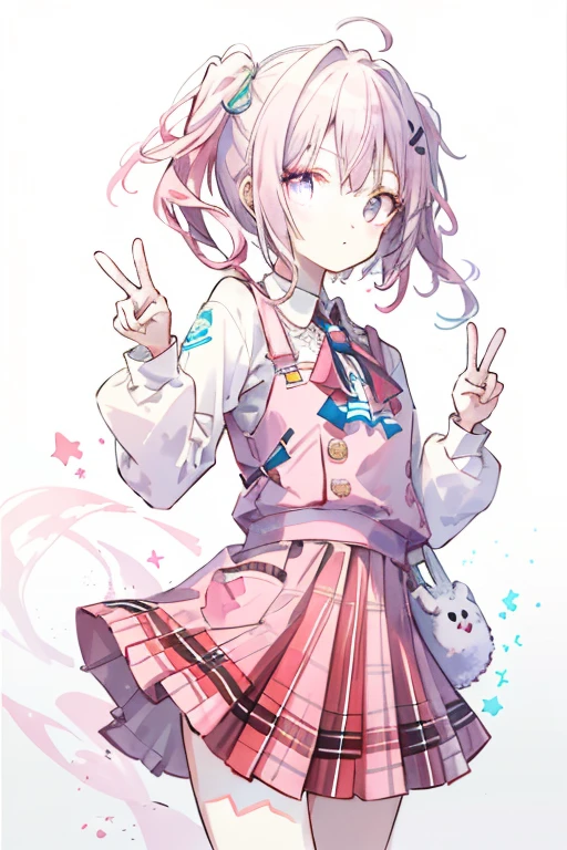 (Double V sign)1.4,（Double Peace）1 girl, oasis, Brush Sticker, Double Ponytail, triple white, Tartan, Gradient Hair,, White Background，Twin tails，pink short hair，