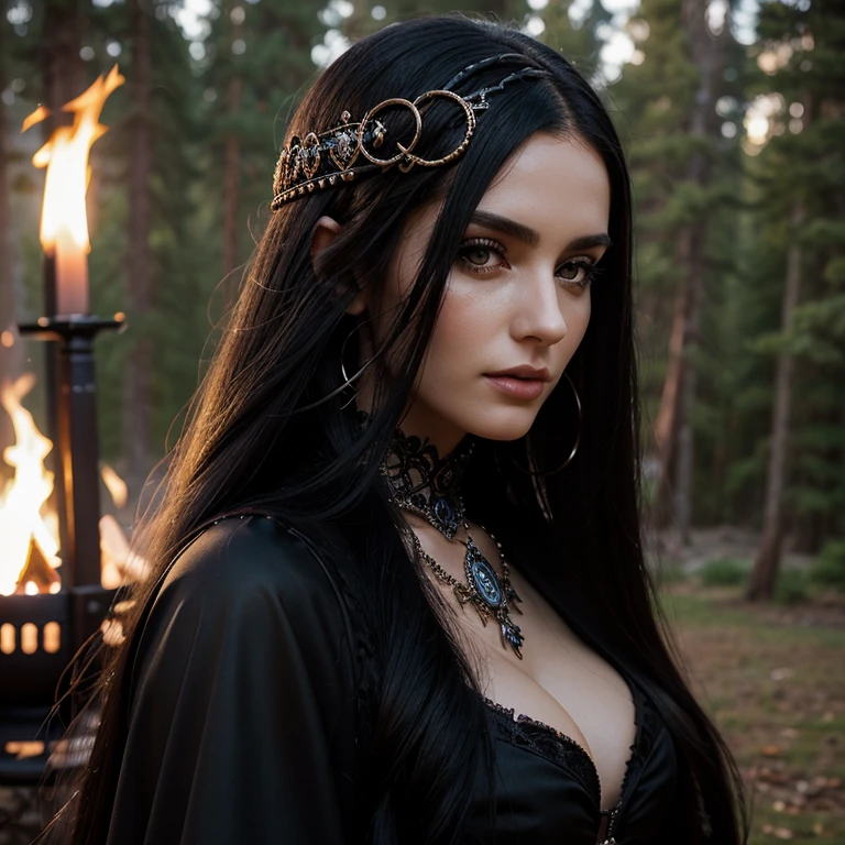 1 woman, European face, European eyes,  ultra detailed face and eyes, hyperrealistic, detailed representation, long black hair, pretty face, 30 years old, wearing a long black baroque dress, dancing around a campfire gothic Style, full body view 