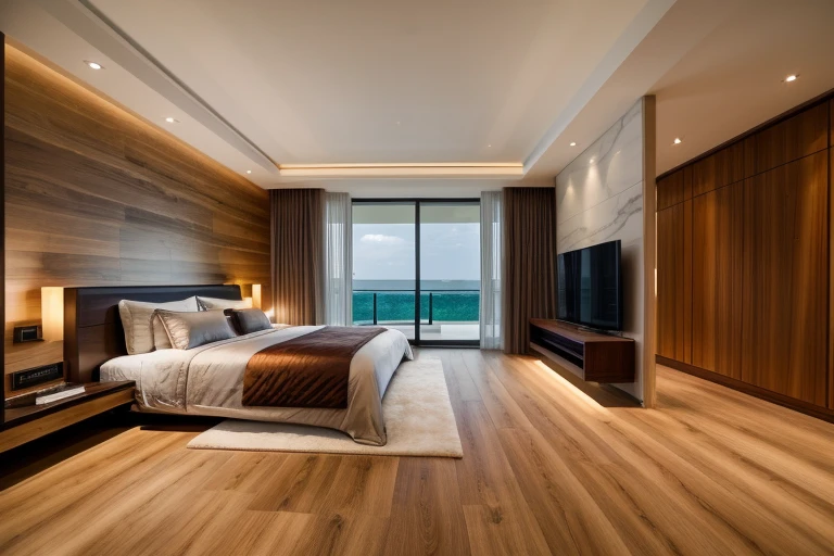 luxury master bedroom, timber floor, marble wall, night time, warm lighting RAW Photo, RAW texture, Super Realistic, 32K UHD, DSLR, soft lighting, high quality, film rating, Fujifilm XT3 