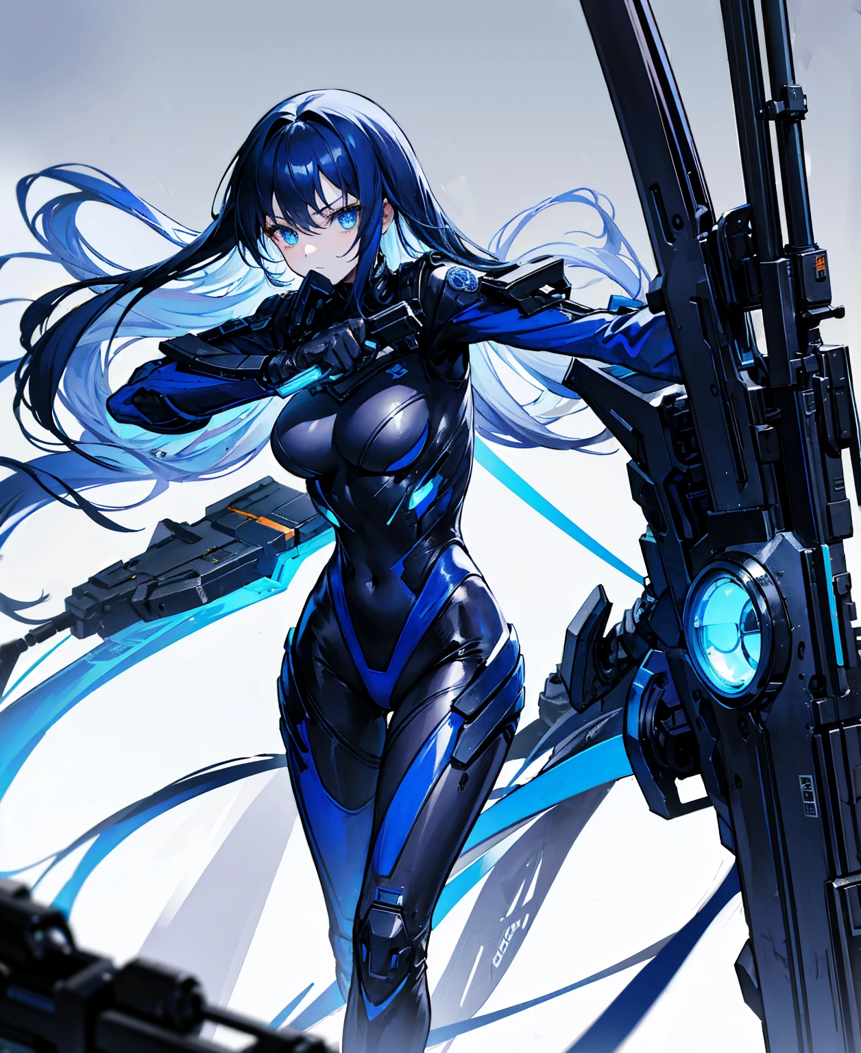 There is no background,girl,carry a firearm,Enamel-like tight suit,use of firearms,Navy blue long hair,attention arousal,Blue colored eyes,no gradation