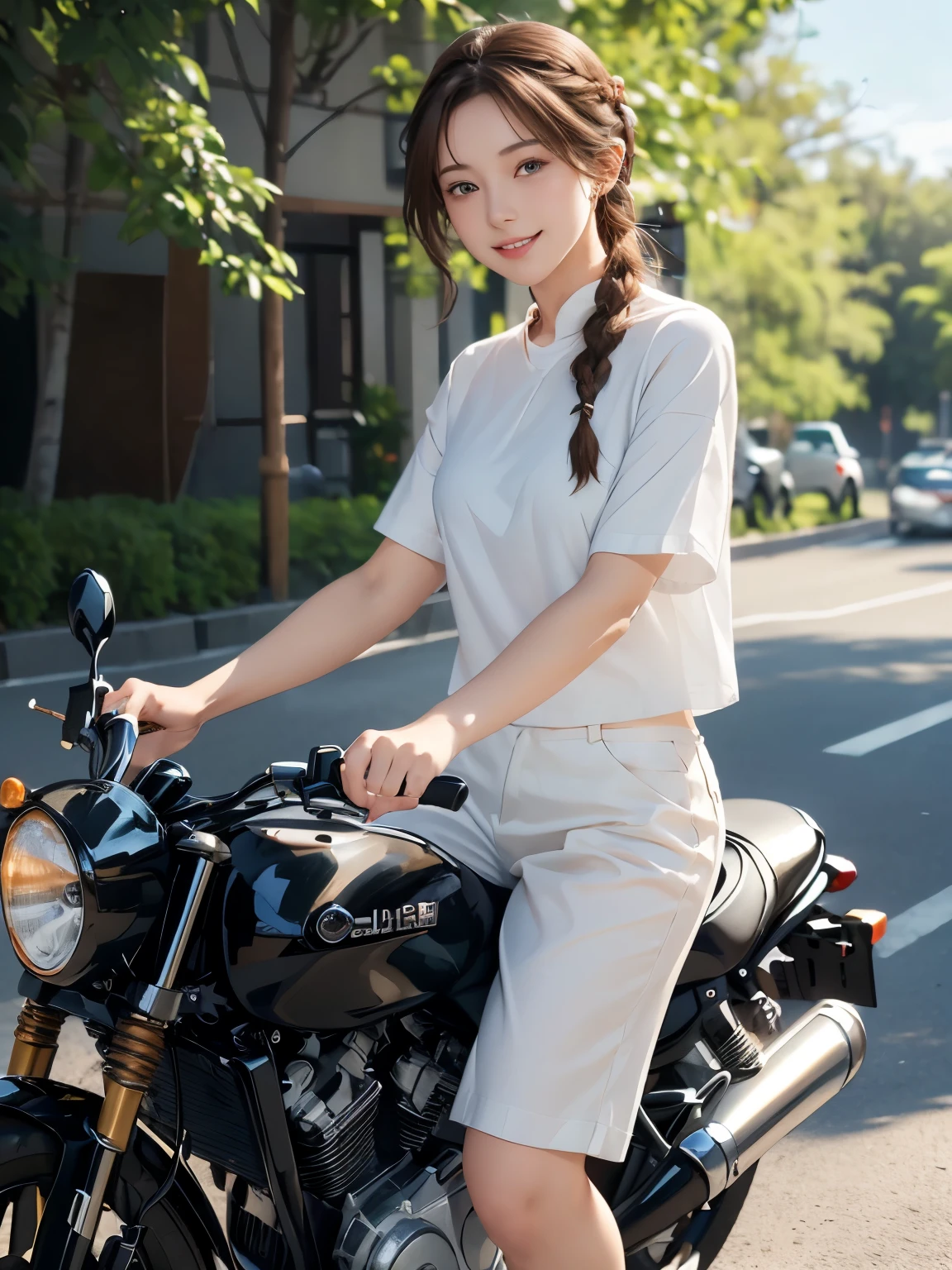 (masterpiece:1.3), (8k, Realistic, RAW Photos, highest quality:1.4), (Realistic face), (brown hair, Braided hair:1.3), Beautiful hairstyle, Realistic eyes, Beautiful small blue eyes, (Realistic skin), (Beautiful Skin), (((Riding a motorcycle outdoors))), charm, Ultra-high resolution, Surreal, Golden Ratio, Long limbs、((smile)), ((full body shot)), (((White short-sleeved shirt)))、(Black long pants and racing boots)