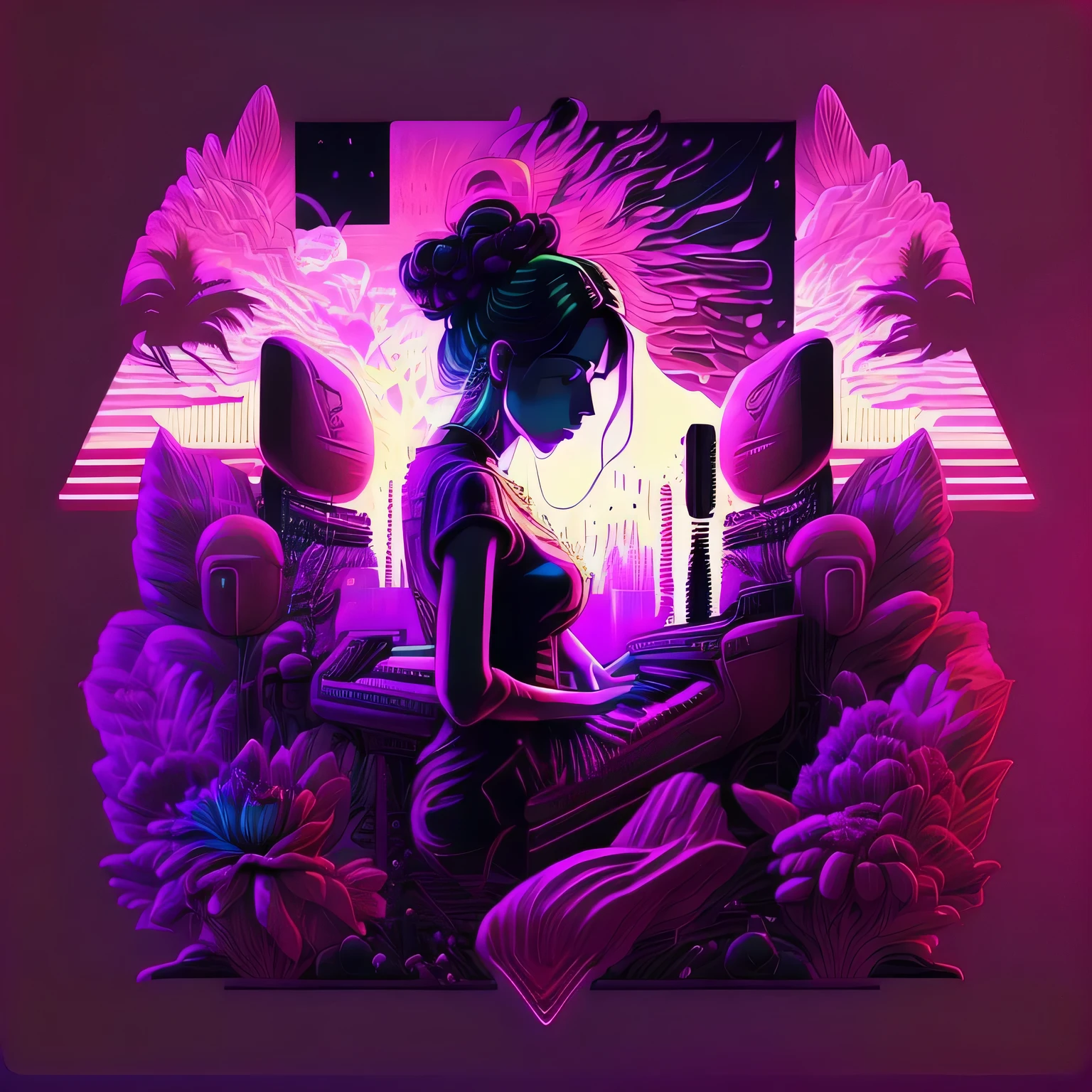 digital art of a feminine hand composing on a digital synthesizer keyboard. Woman's hand with purple nails, neon room, vibrant, style synthwave, cybercore