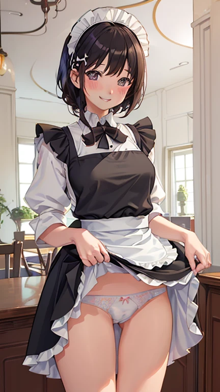 highest quality、masterpiece、((1 girl))、((smile:1.5))、(blush:1.4)、Black Shirt、blouse、((fun!!))、(Small breasts)、(single braid)、()、()、((White apron:1.5))、((Maid))、((hair ornaments)),、Kamimei、look at me、 ((in house:1.5))、 Taking a break from watching the audience、Cowboy Shot、(skirt lift:1.3),(Highly detailed white panties:1.3)、(highly detailed panties:1.3)、、(スカート that rolls up:1.3)、(Panties fully exposed:1.5)、