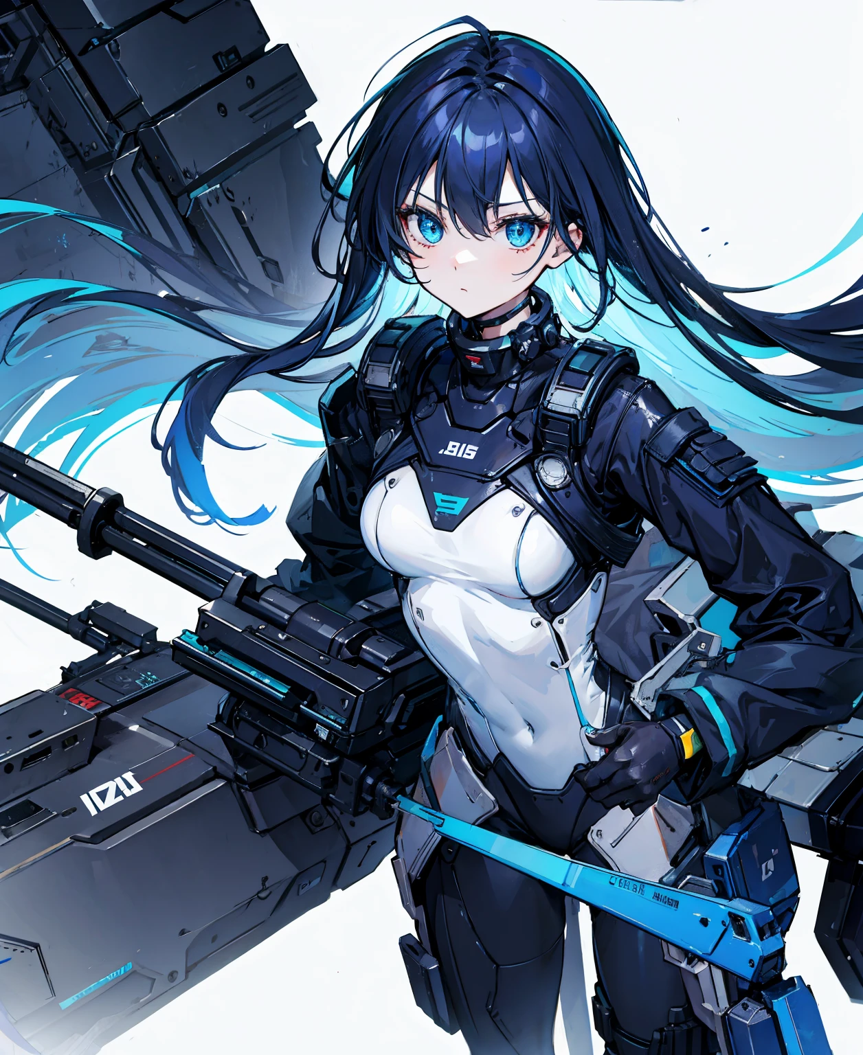 There is no background，girl，carry a firearm，Enamel-like tight suit，use of firearms，Navy blue long hair，attention arousal，Blue colored eyes,no gradation