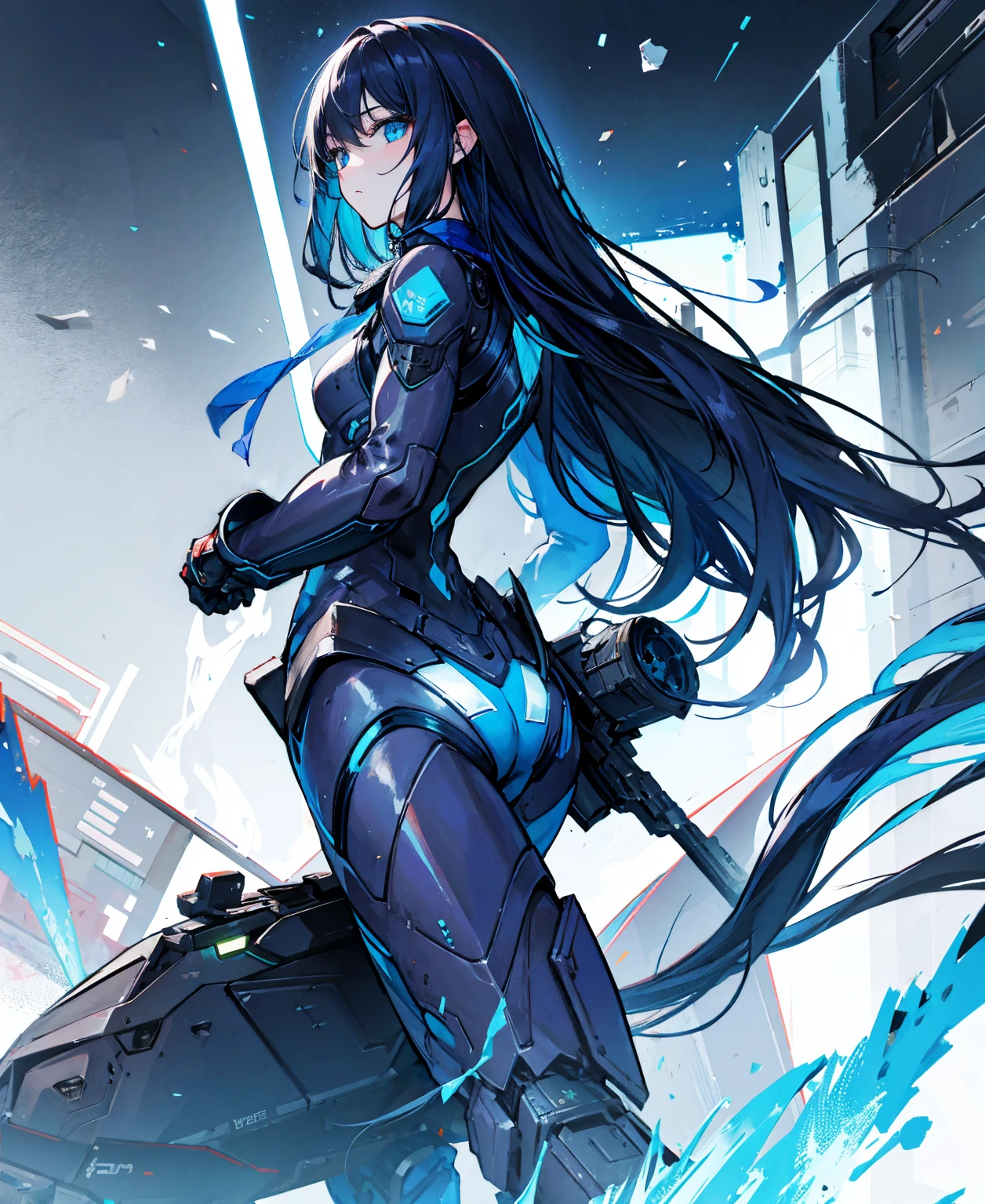 There is no background，girl，carry a firearm，Enamel-like tight suit，use of firearms，Navy blue long hair，attention arousal，Blue colored eyes,no gradation