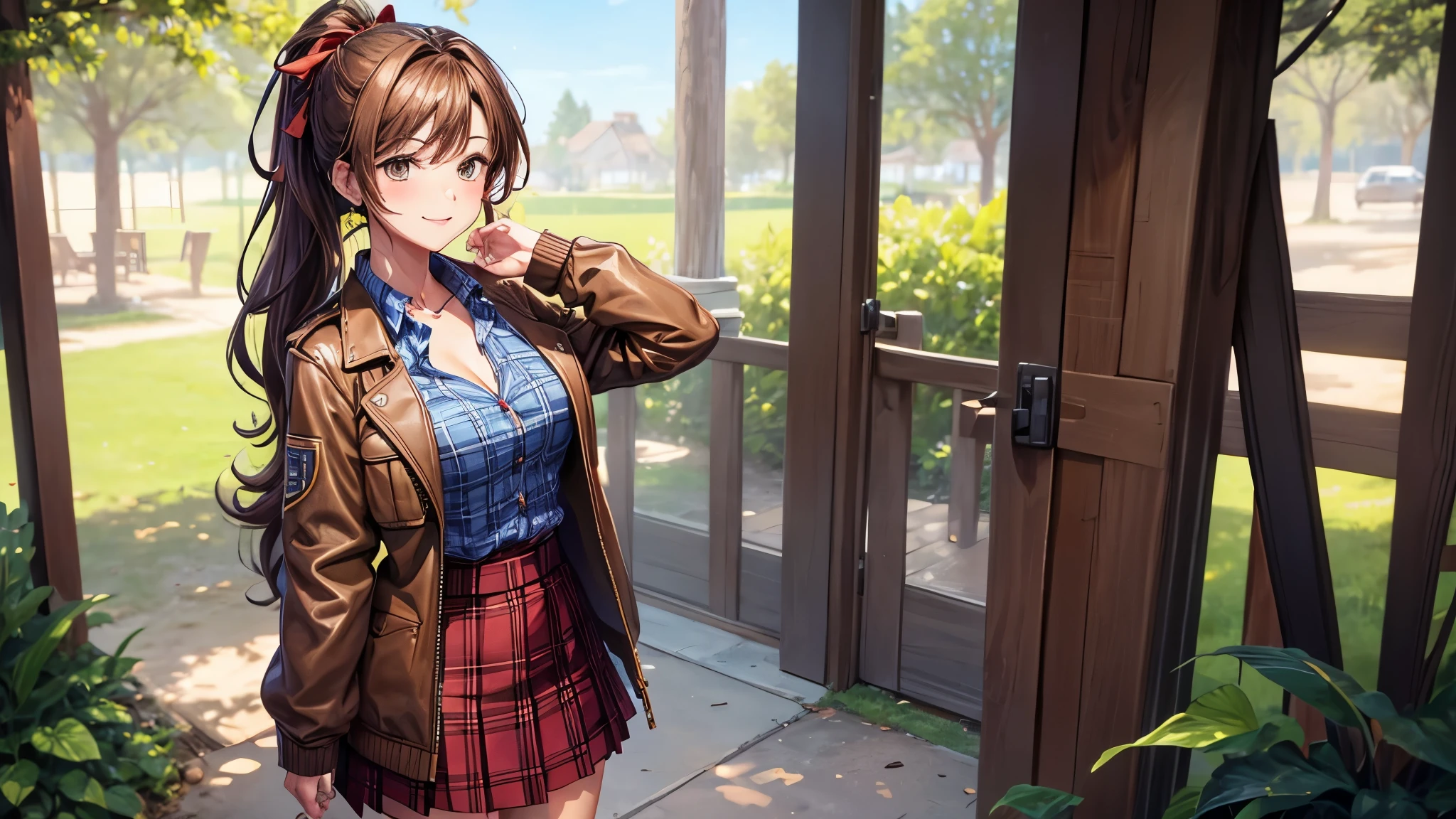 1girl, solo, village house, trees, sun, clouds, ((brown hair)), ponytail, large breasts, ((brown leather jacket)), button down shirt, ((blue checked shirt)), ((unbuttoned shirt)), unbuttoning buttons, cleavage 1:3, green eyes, long skirt, brown boots, smile, happy, looking at the viewer, standing, hair ribbon, golden necklate, wind