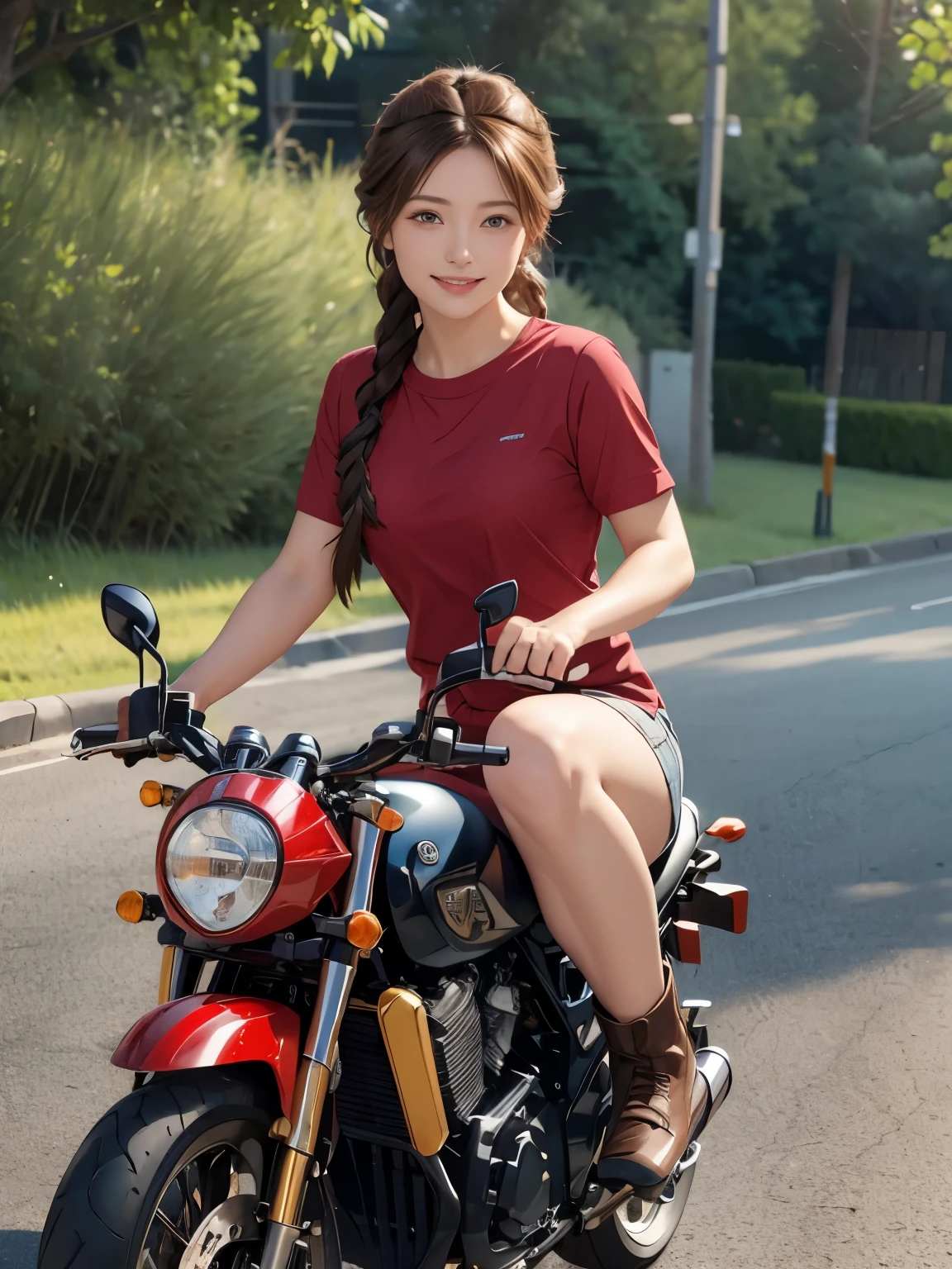 (masterpiece:1.3), (8k, Realistic, RAW Photos, highest quality:1.4), (Realistic face), (brown hair, Braided hair:1.3), Beautiful hairstyle, Realistic eyes, Beautiful small blue eyes, (Realistic skin), (Beautiful Skin), (((Riding a motorcycle outdoors))), charm, Ultra-high resolution, Surreal, Golden Ratio, Long limbs、((smile)), ((full body shot)), (((Red short-sleeved shirt)))、(Black long pants and racing boots)