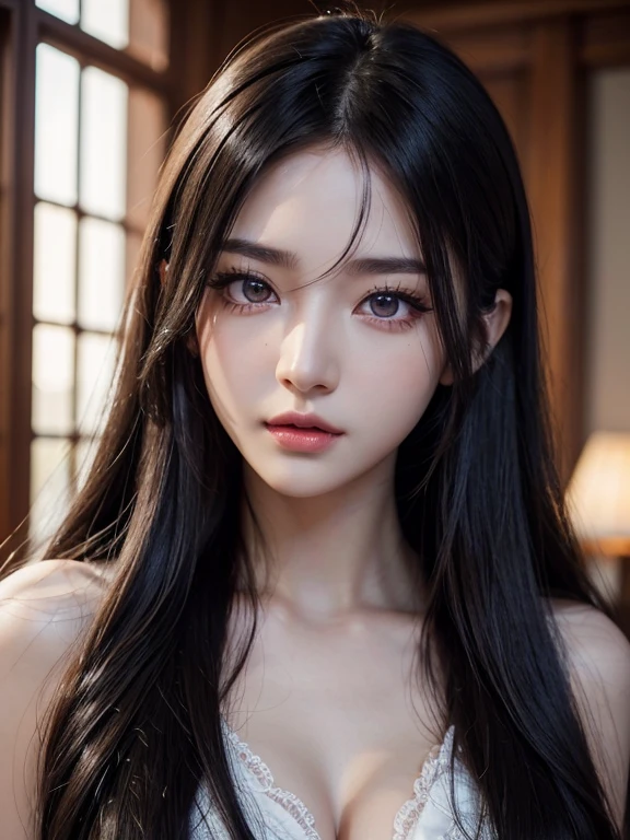 high resolution 8k long eyelashes thin eyebrows natural lips beautiful eyes white skin long hair straight hair black hair plaid dress night view light wide forehead street light