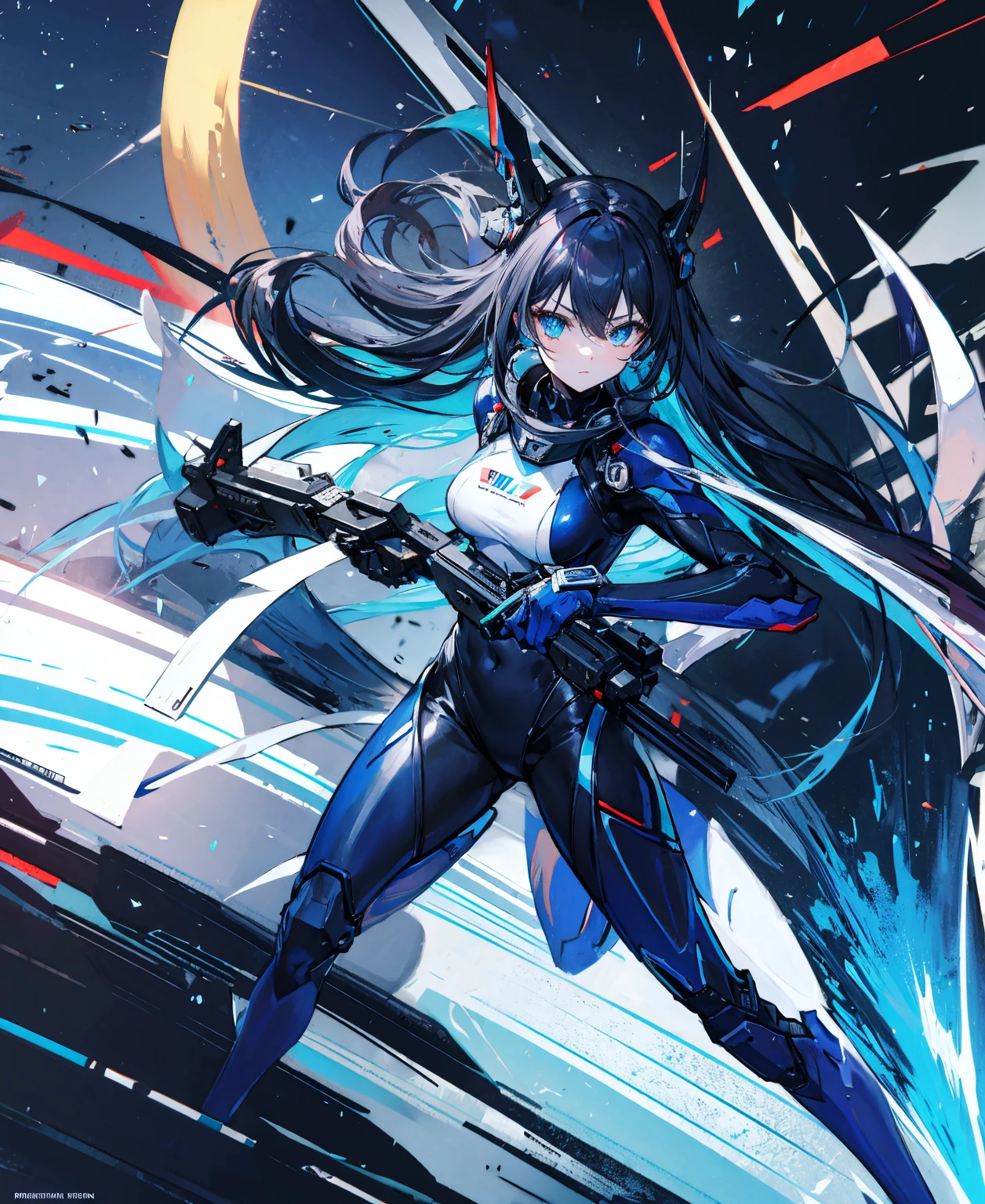 There is no background,girl,carry a firearm,Enamel-like tight suit,use of firearms,Navy blue long hair,attention arousal,Blue colored eyes,no gradation