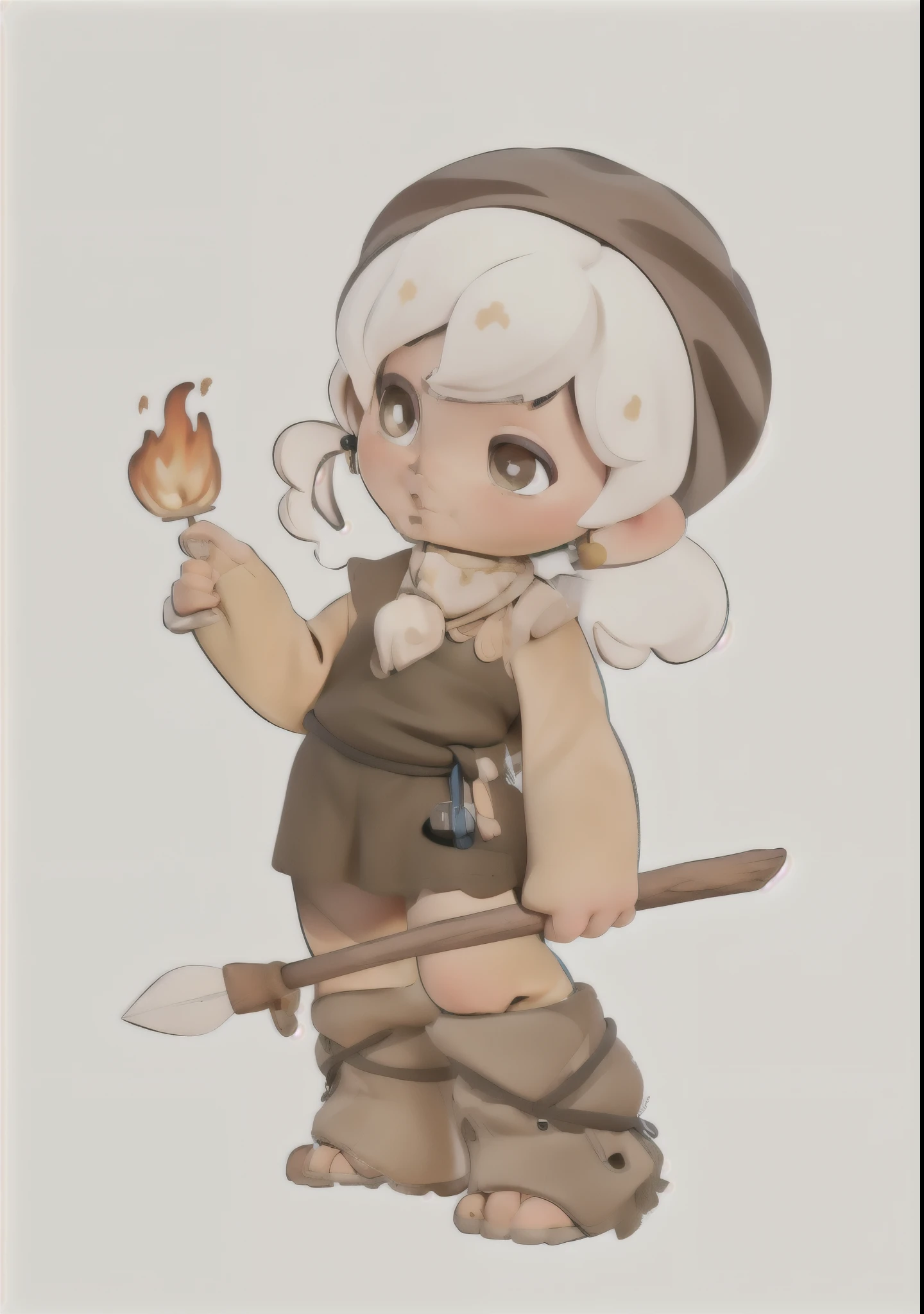 Cartoon image of a  holding a stick,, She holds a long stick, Girl characters, Little Fire Breather,A hand with flames，female explorer，Mini cute girl, cute characters, holding a spear, Cute girl holding a spear, White hair，big eyes，Wearing animal skin scarf，Animal tooth earrings，bone necklace，Animal skin one shoulder dress，Bones tied around waist，Plush leg covers