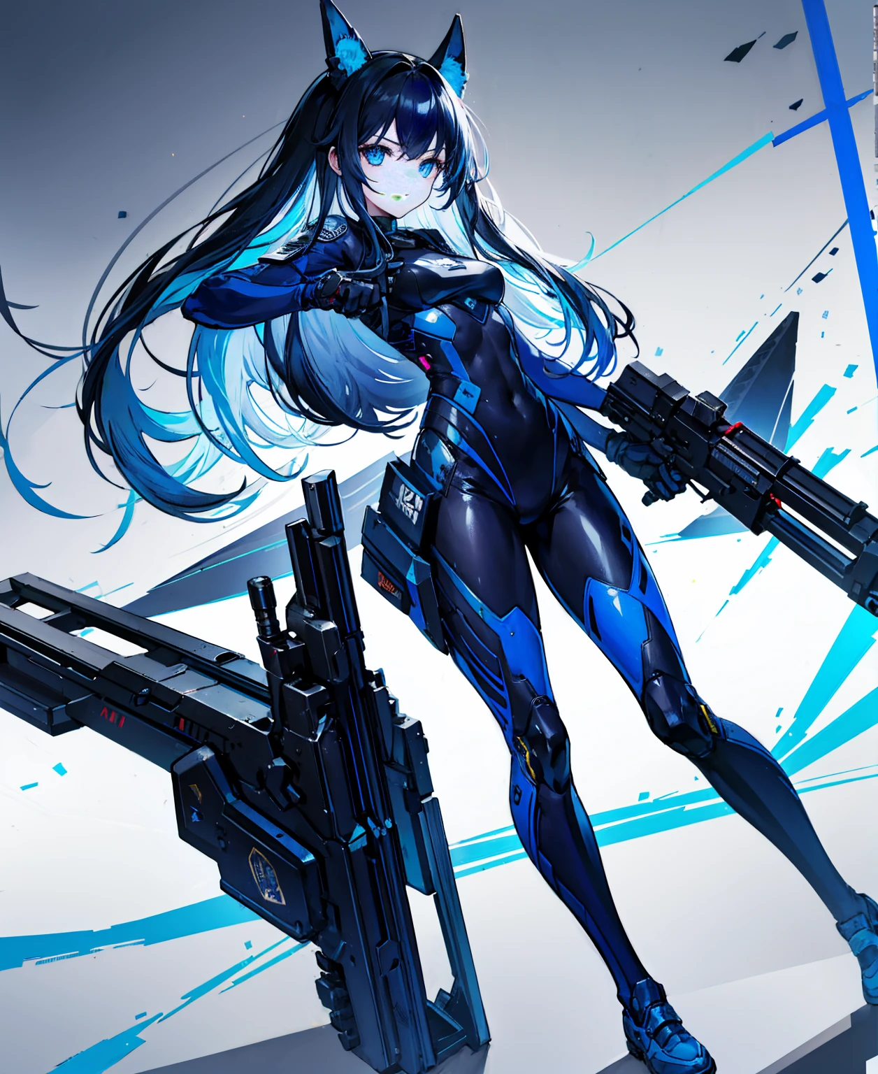 There is no background,girl,carry a firearm,Enamel-like tight suit,use of firearms,Navy blue long hair,attention arousal,Blue colored eyes,no gradation